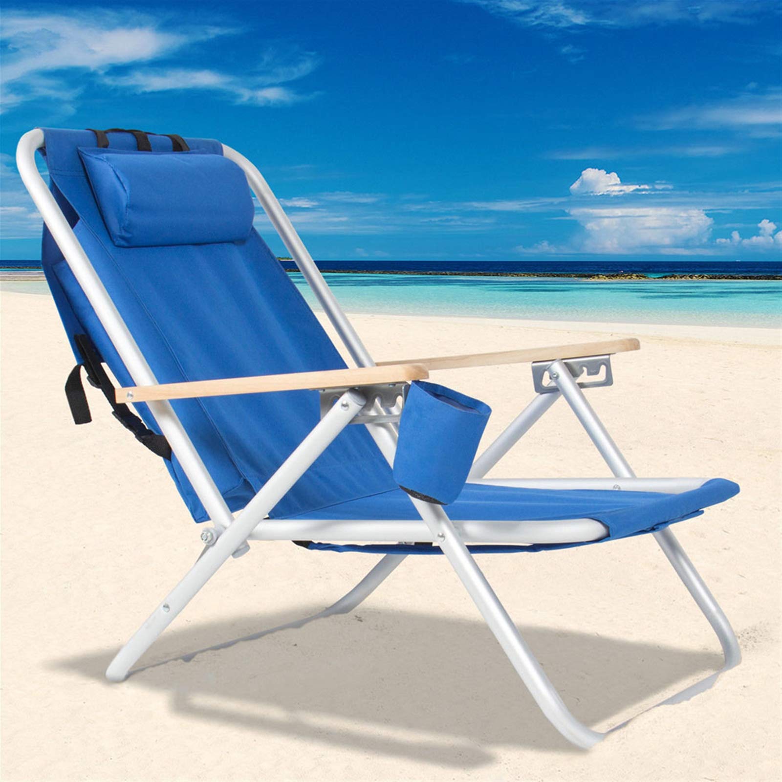 4-Position Folding Backpack Beach Chair for Adults - Adjustable Headrest, Storage Pouch & Cup Holder - Portable Camping & Sand Chair for Outdoor, Lawn, Travel, Picnic, Fishing | Perfect for Beach Relaxation, Backyard Lounging & Camping Trips
