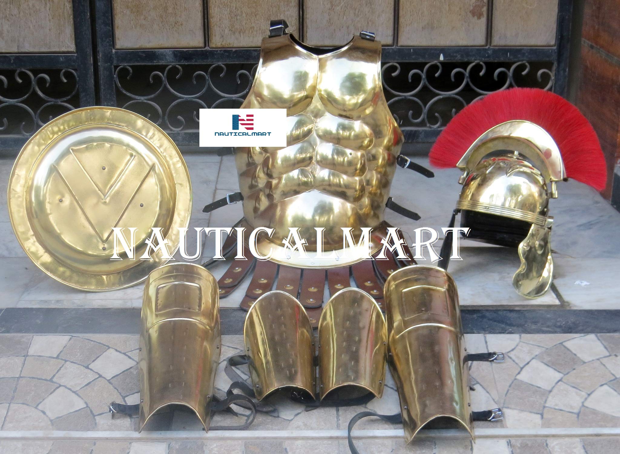 Roman Muscle Body Armor Set - Functional Medieval Cuirass with Brass Centurion Helmet, Leg & Arm Guards, Shield - Perfect for Halloween Costumes, Cosplay, LARP, and Historical Reenactments