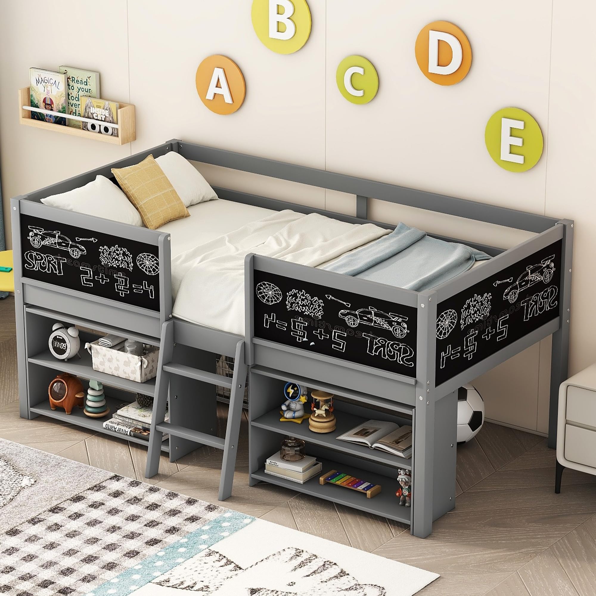 Twin Size Low Loft Bed with Movable Shelves & Guardrail - Solid Wood Kids Loft Bed Frame with Chalkboard & Storage - Space-Saving Bed for Small Rooms - Perfect for Boys & Girls Bedroom (Gray)