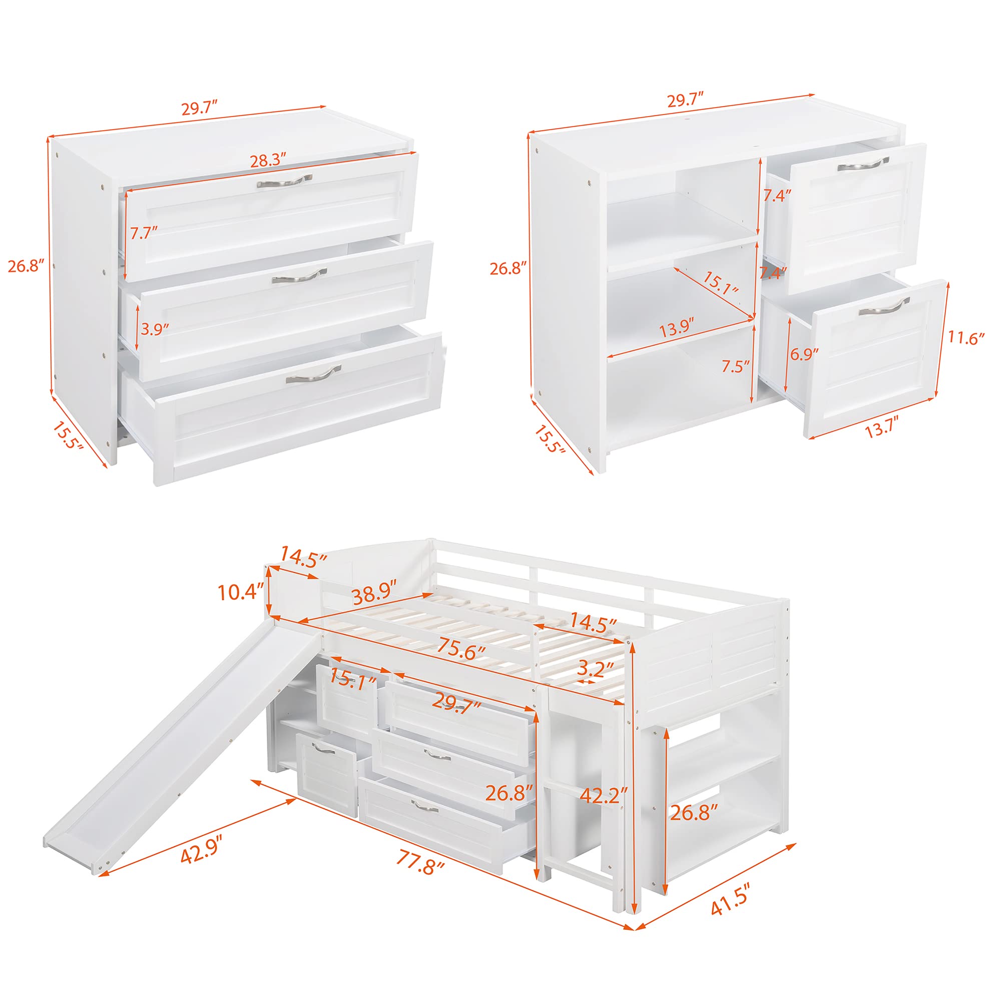 Harper & Bright Designs Solid Wood Low Twin Size Loft Bed with Slide, Drawers & Bookshelf - Kids Cabin Bed Frame for Bedroom or Playroom - Perfect for Small Spaces & Sleepovers (White)