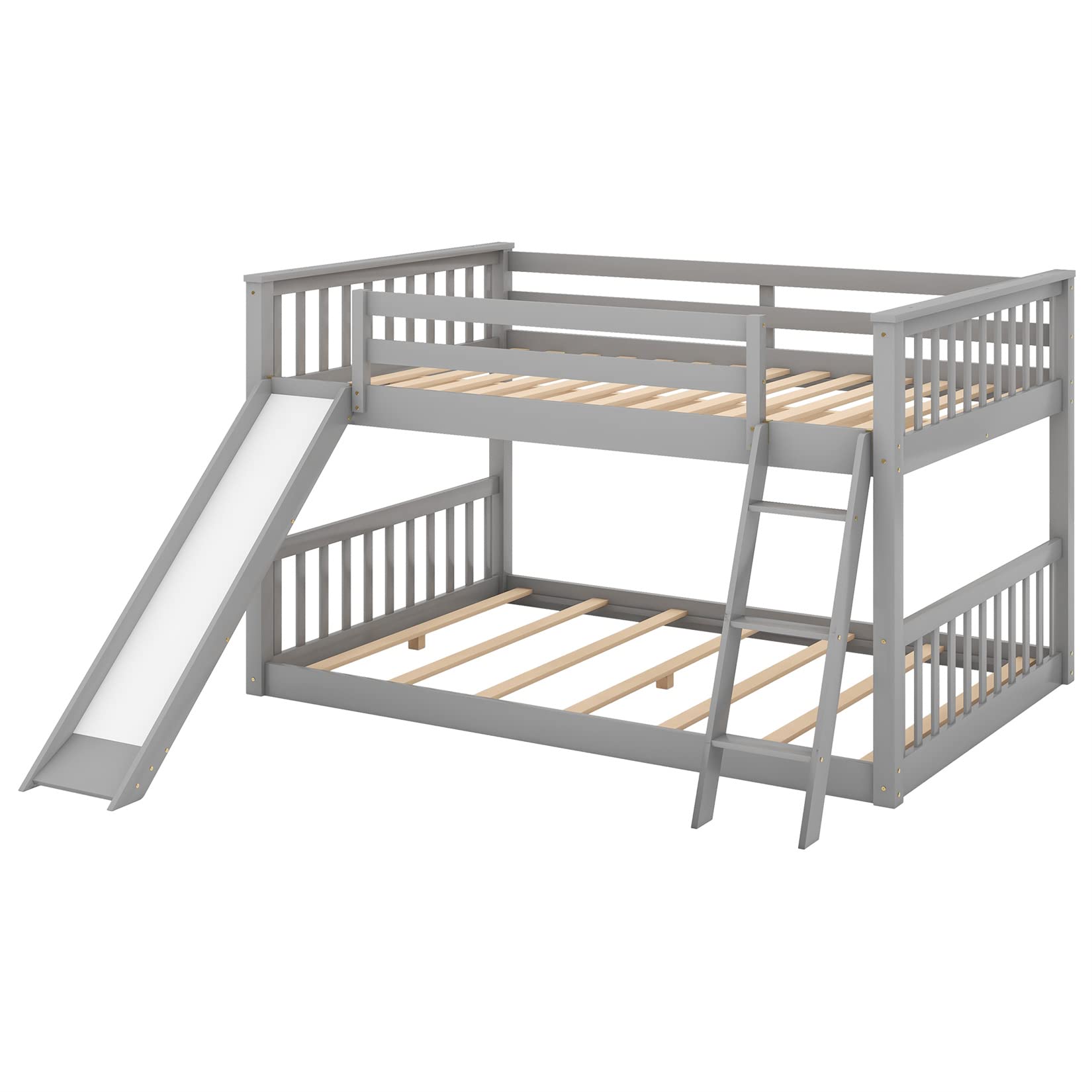 Full Over Full Low Bunk Beds with Slide for Kids - Sturdy Wood Bunk Bed Frame for Boys, Girls & Teens - Space-Saving Bedroom & Dorm Furniture - Perfect for Siblings Sharing Rooms or Small Spaces (Gray)