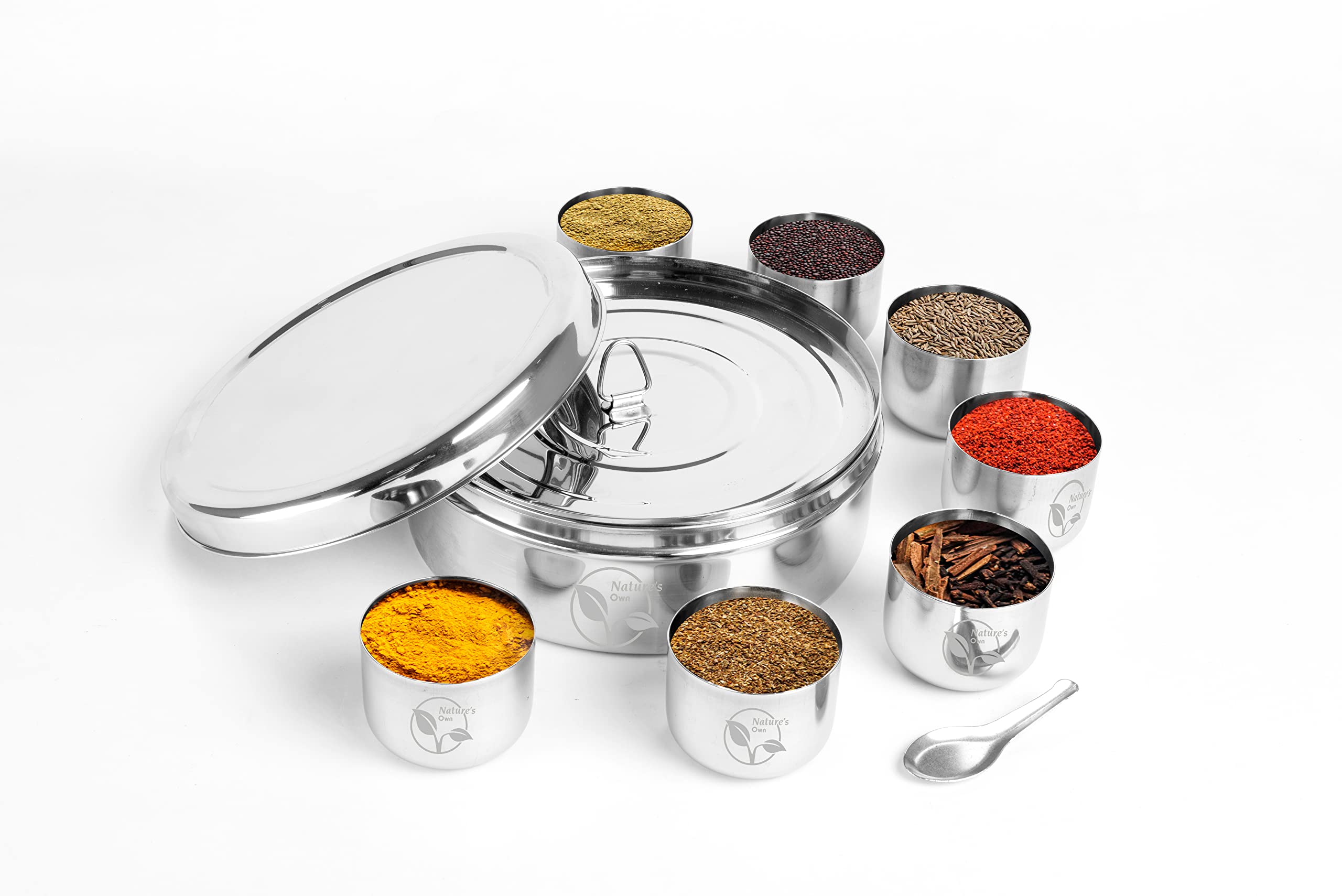 Premium Stainless Steel Spice Box with 7 Compartments & 2 Lids - Mirror Polish Masala Dabba with Individual Containers for Spices Storage | Durable 16CM Kitchen Organizer for Indian Cooking, Meal Prep & Spice Display