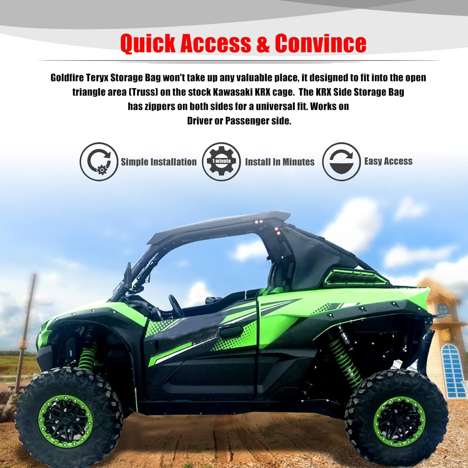 Goldfire Teryx KRX Side Cage Storage Bag - 2 Pack Black Triangle Truss Organizer with Green Piping | Compatible with Kawasaki Teryx KRX 1000 (2020+ Models) | Perfect for Off-Road Adventures, Hunting Gear Storage & Trail Organization