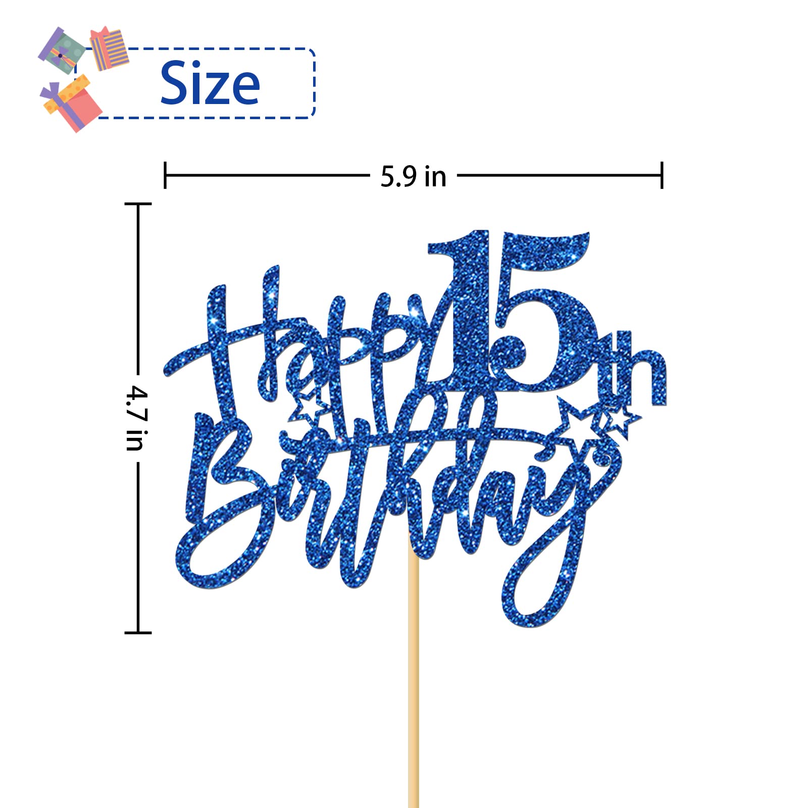 15th Birthday Cake Topper - Glitter Blue Cake Decor for 15 Year Old Girl or Boy - Teen Birthday Party Supplies - Perfect for Sweet 15 Celebrations & Quinceañera Parties