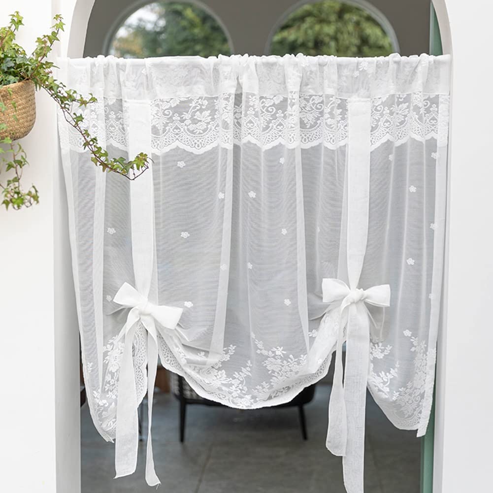 Adorable Bowknot Tie-Up Roman Curtains - Semi-Sheer Voile Balloon Curtain with Floral Embroidered Lace for Kitchen, Living Room & Bedroom - 150x90cm (59x35 inches) - Perfect for Adding Elegant Touch to Windows and Enhancing Home Decor