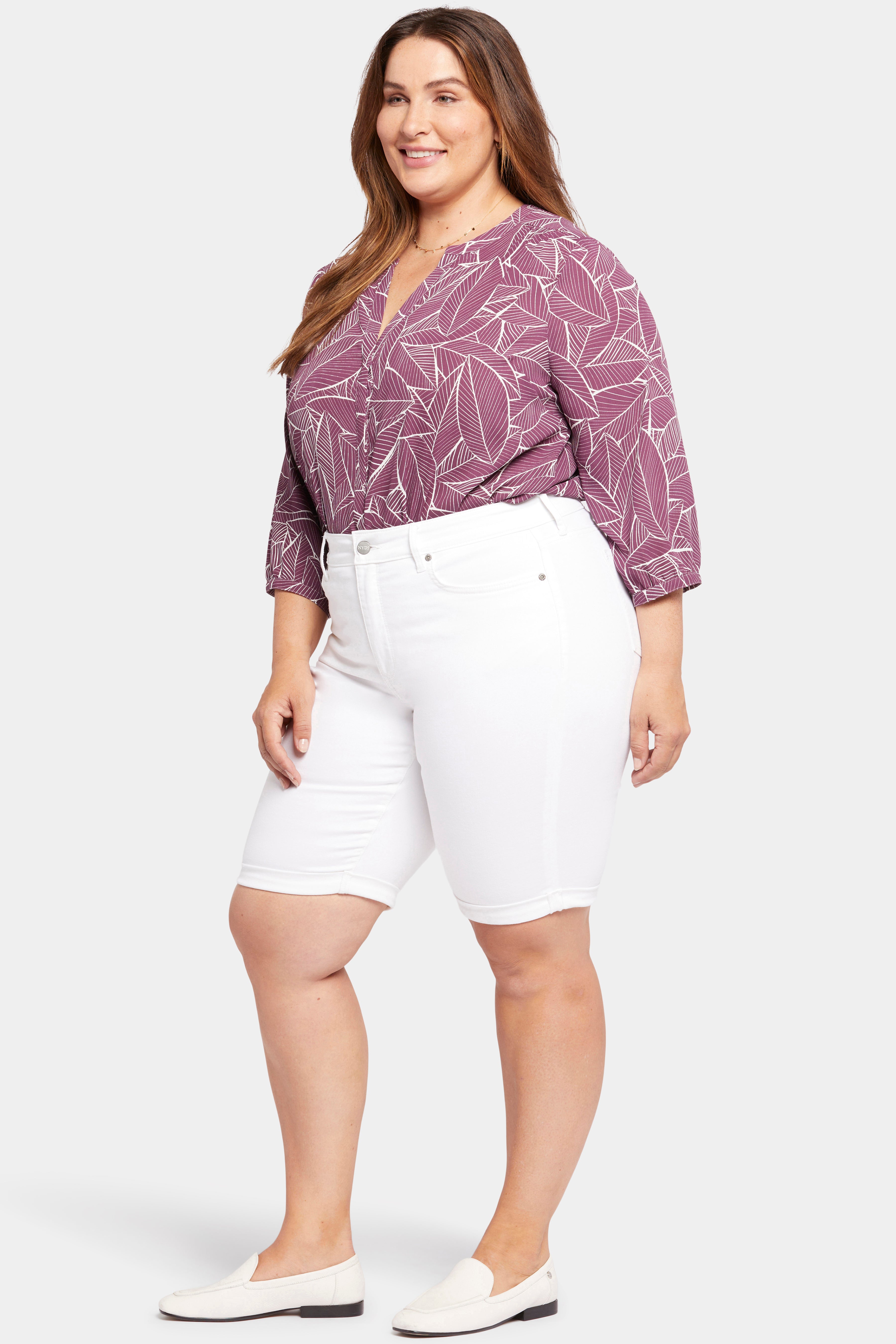 Briella 11 Inch Plus Size Denim Shorts for Women - High Waisted Stretch Jeans Shorts in Optic White | Perfect for Summer, Beach, and Casual Outfits
