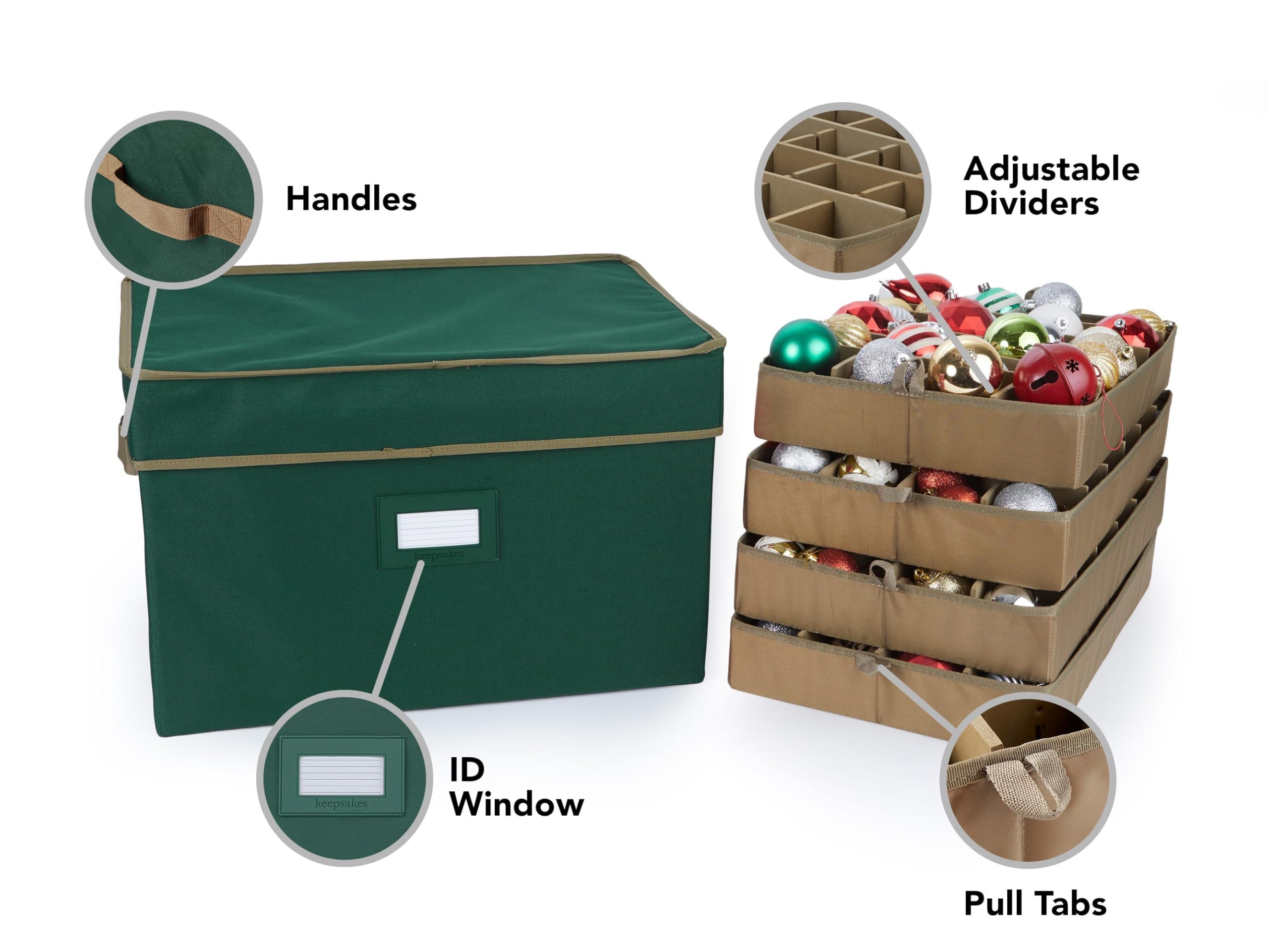 Covermates Keepsakes Adjustable Christmas Ornament Storage Box with Carrying Handles & Padded Protection - Holiday Decor Organizer for Tree Ornaments, Wreaths & Seasonal Decorations - Green