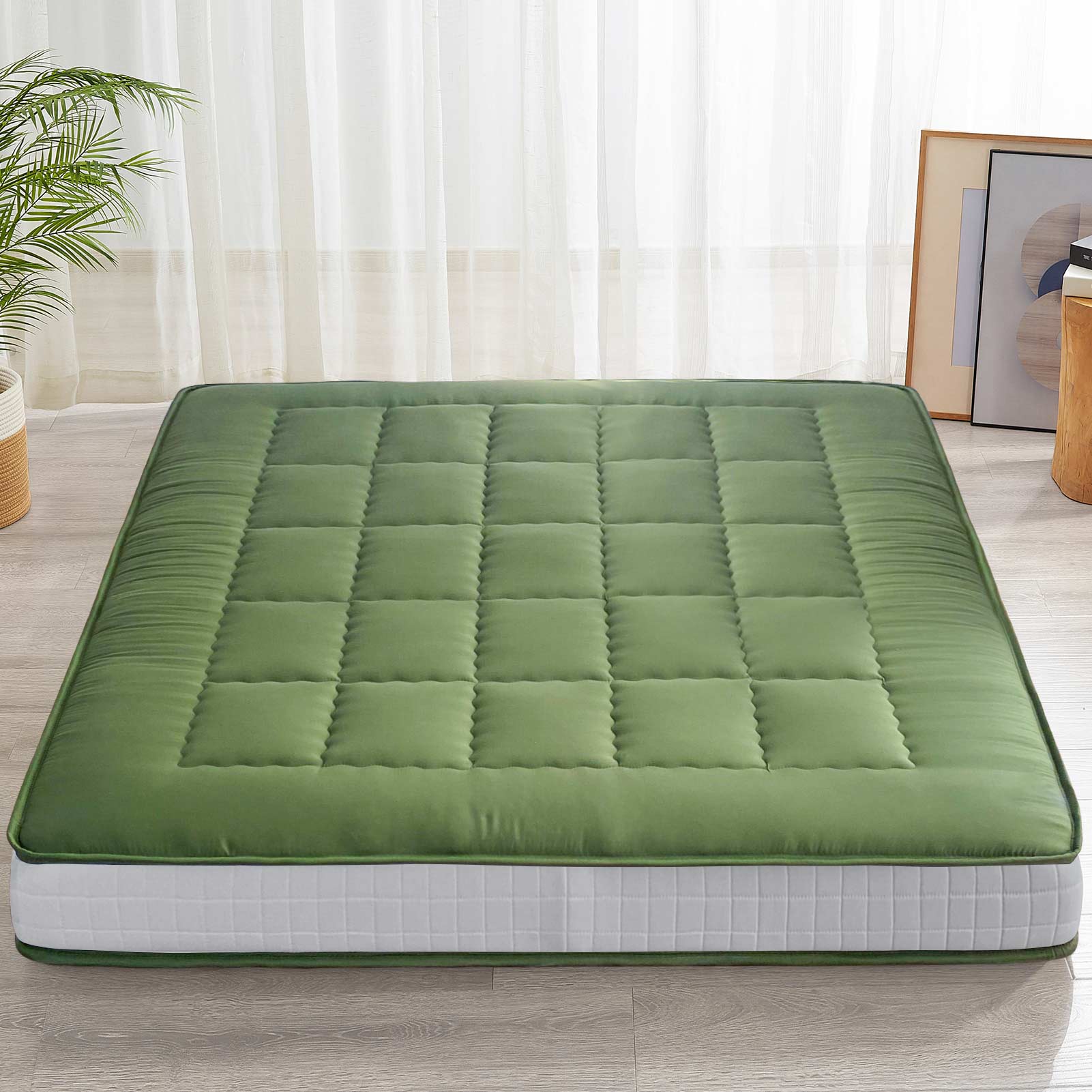 MAXYOYO 6-Inch Extra Thick Japanese Floor Futon Mattress - Premium Diamond Quilting Design for Bedroom, Guest Room & Small Spaces - Green (Queen Size) | Ideal for Apartments, Dorms, Sleepovers & Minimalist Living