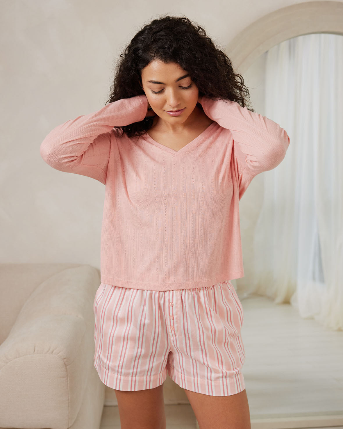 Pointelle V-Neck Short Sleeve Pajama Set for Women - Soft & Breathable Sleepwear for Summer Nights, Lounge Wear, and Relaxation at Home