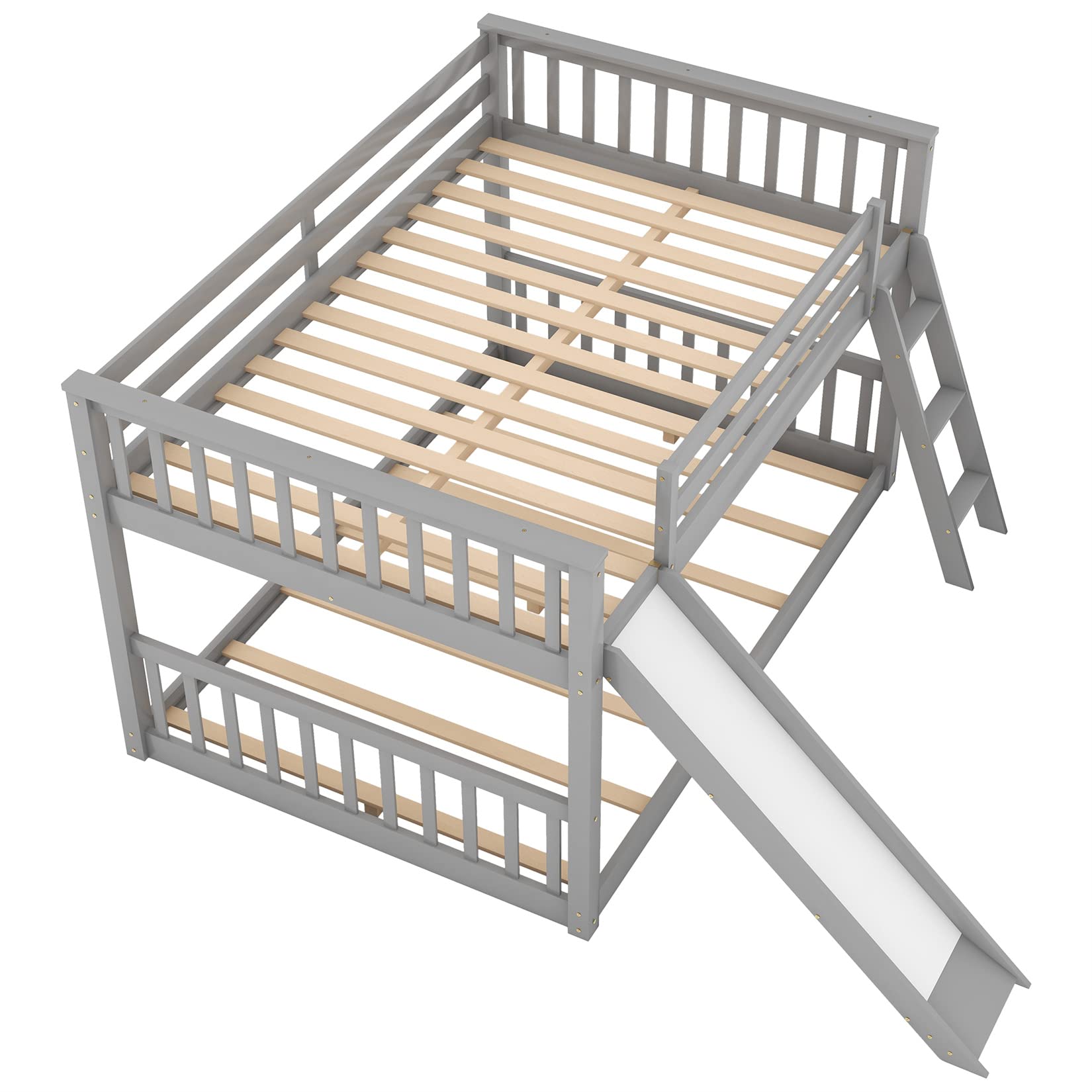 Full Over Full Low Bunk Beds with Slide for Kids - Sturdy Wood Bunk Bed Frame for Boys, Girls & Teens - Space-Saving Bedroom & Dorm Furniture - Perfect for Siblings Sharing Rooms or Small Spaces (Gray)