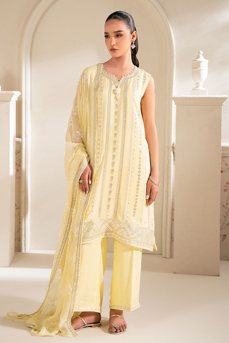 LEMON BLISS 4-Piece Chiffon Embroidered Suit Set - Elegant Floral Embroidery Women's Outfit for Parties, Weddings & Special Occasions
