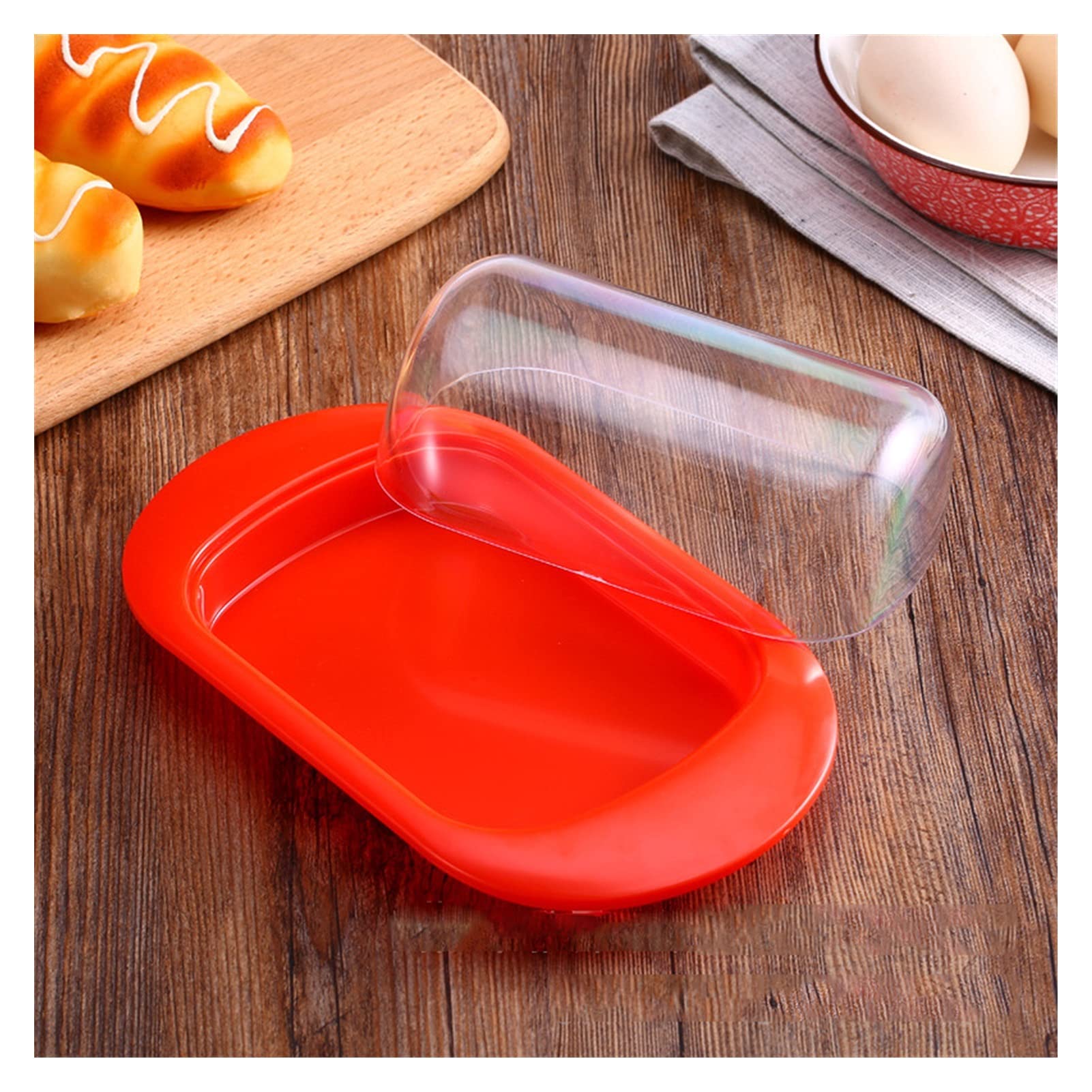 Wooden Lid Butter Dish with Knife - Ceramic Butter Keeper, Cheese Storage Container & Food Tray for Kitchen, Restaurant - Red (Perfect for Dining Tables, Breakfast Buffets & Gourmet Cheese Presentation)