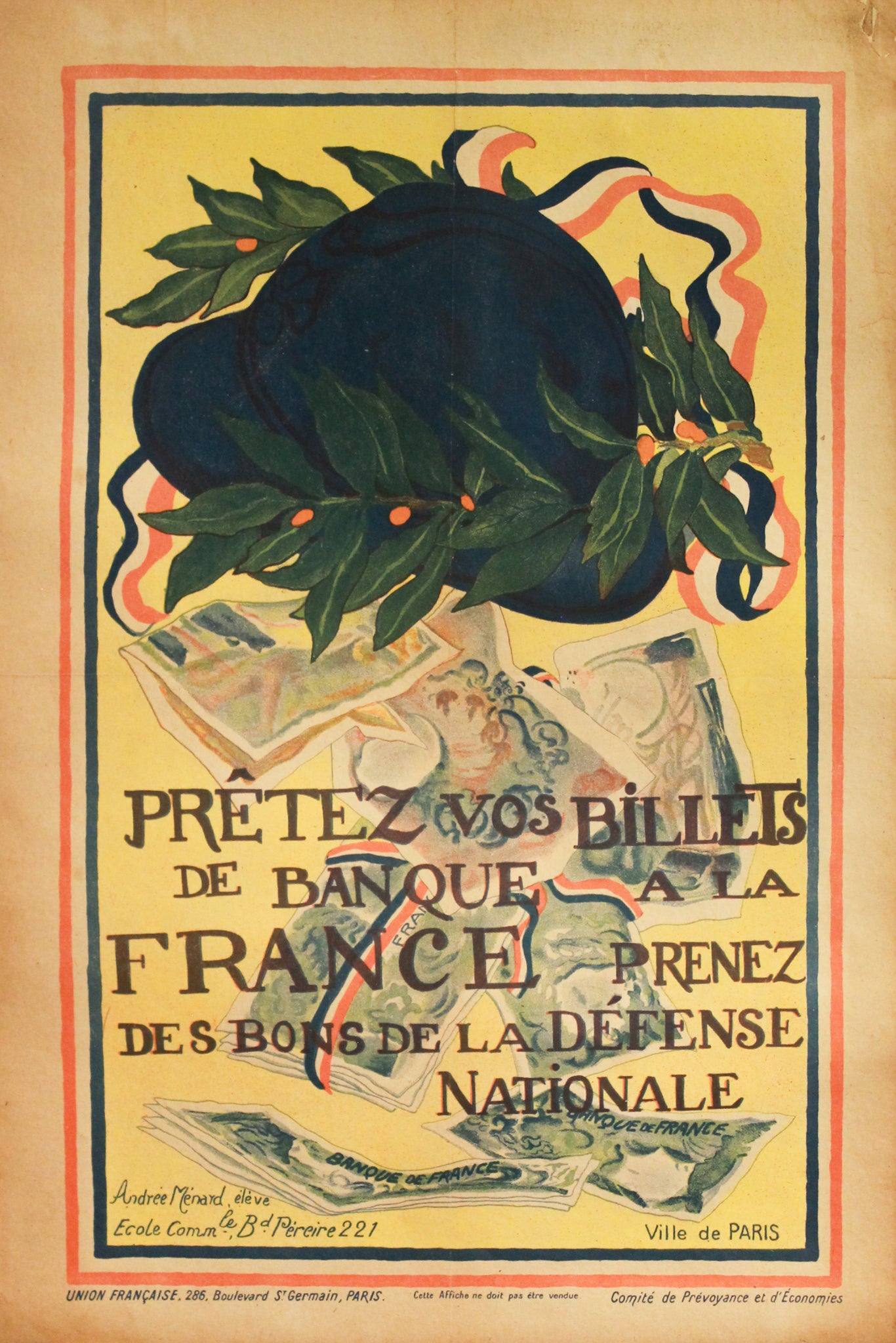 1916 French War Poster - 'Prêtez vos billets de Banque à la France' WWI Propaganda Art - Linen Backed Vintage Collectible - Perfect for History Classrooms, War Memorabilia Displays & Antique Home Decor