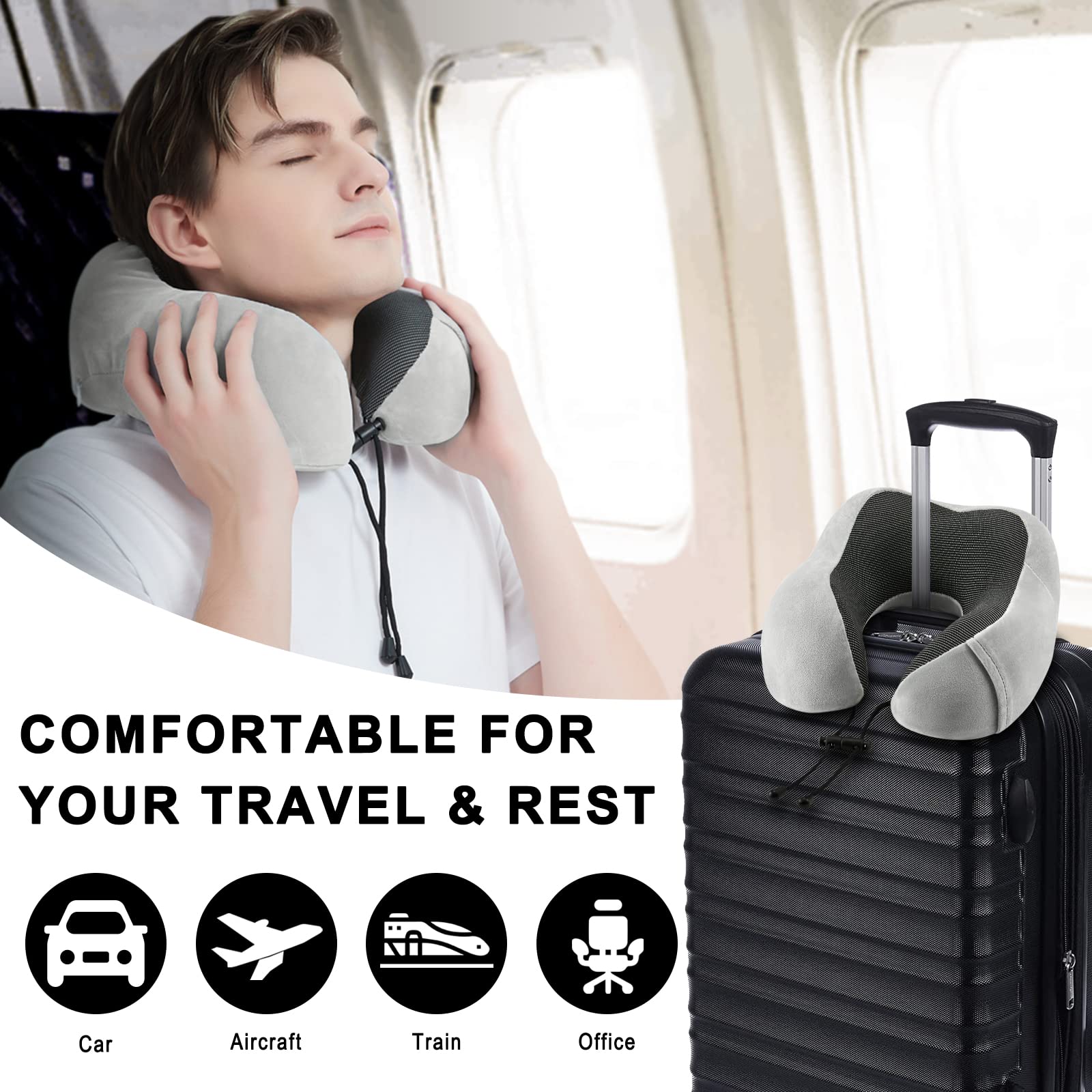 2 Pack Memory Foam Travel Neck Pillow for Airplane, Car, Train & Home - Soft & Supportive Travel Accessories for Sleeping & Rest (Grey & Blue) - Perfect for Long Flights, Road Trips & Relaxation