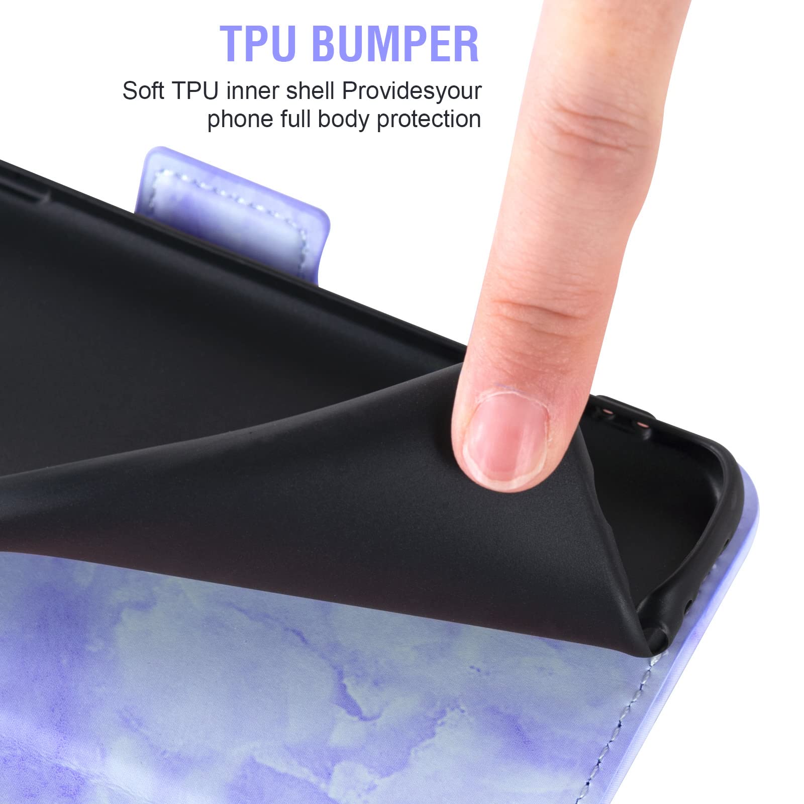 ASUWISH Marble Flip Wallet Phone Case with Card Holder & Kickstand + Tempered Glass Screen Protector for Motorola Moto E5 Play/E5 Cruise/5E/Go - Purple | Stylish Protection for Everyday Use & Travel