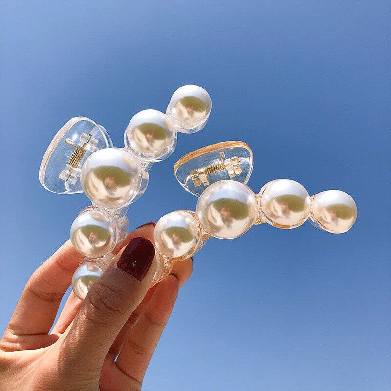 BAKEFY Large Pearl Hair Claw Clip - Non-Slip Acrylic Hair Barrettes for Women & Girls - Strong Hold Jaw Clamp for Thick Hair - Elegant Hair Accessories for Parties, Weddings & Everyday Styling