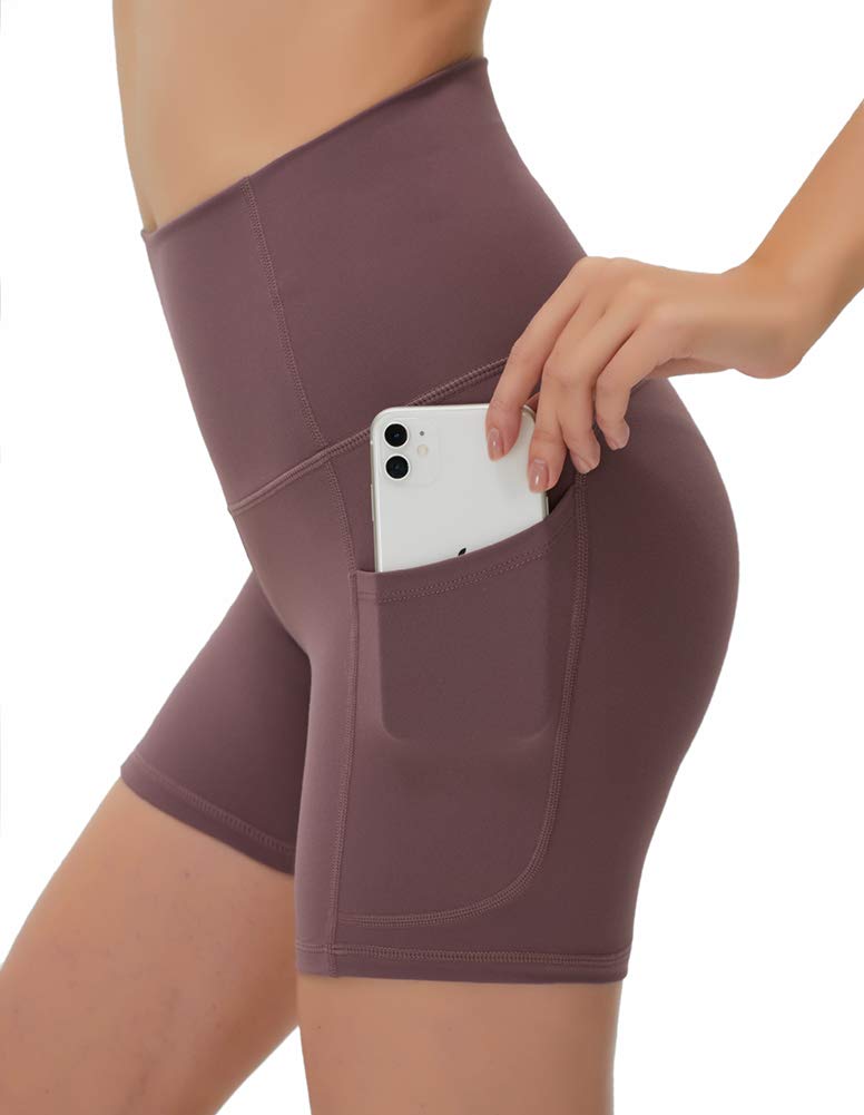 YAKER High Waist Yoga Shorts for Women - 2 Side Pockets & Waistband Pocket - Tummy Control Workout Shorts for Running, Home Exercise & Yoga