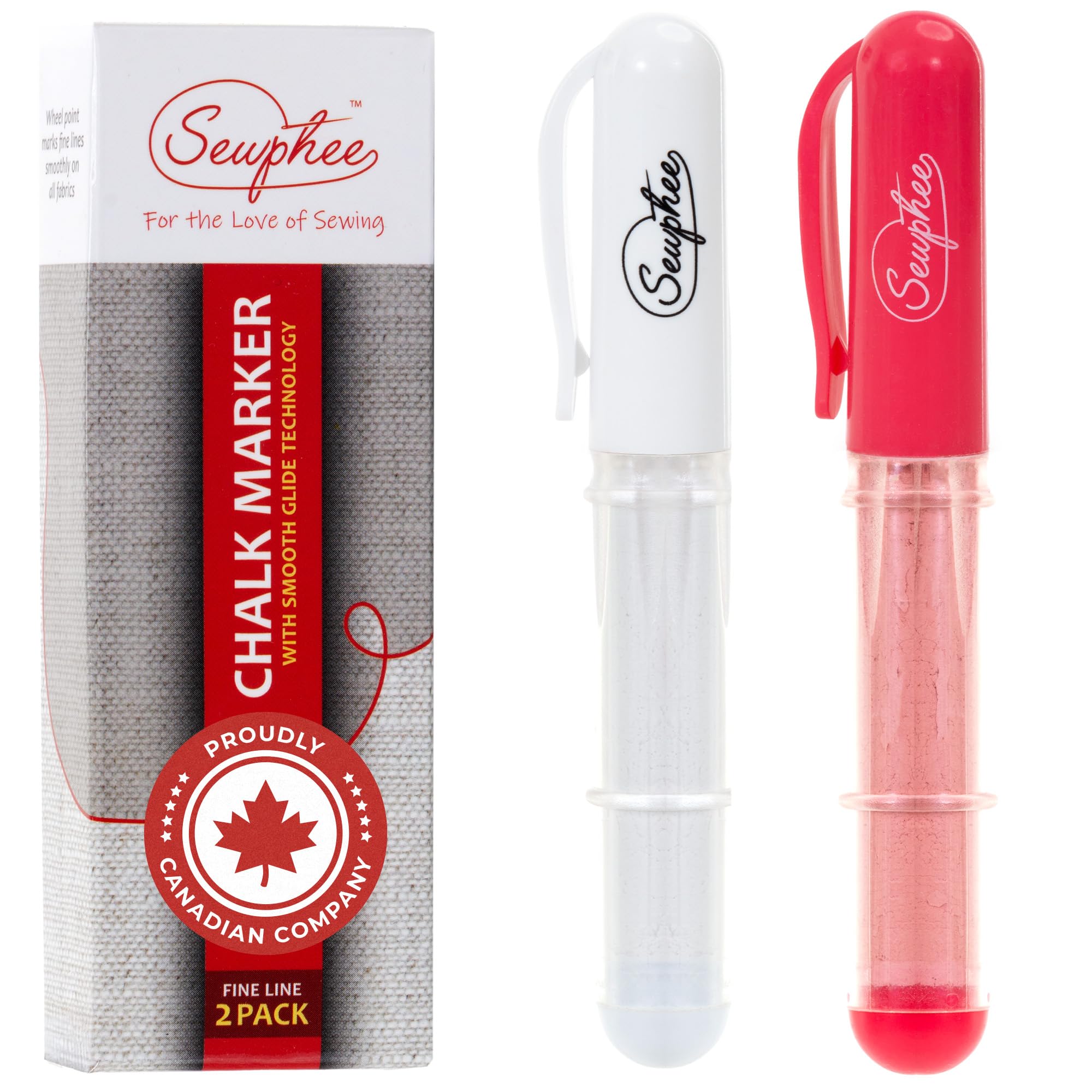 Ergonomic Fabric Markers for Sewing - Washable Tailor's Chalk Pens with Precision Dosing Wheel (White & Pink 2-Pack) | Perfect for Quilting, Dressmaking & Fabric Crafts on Cotton, Silk & Polyester