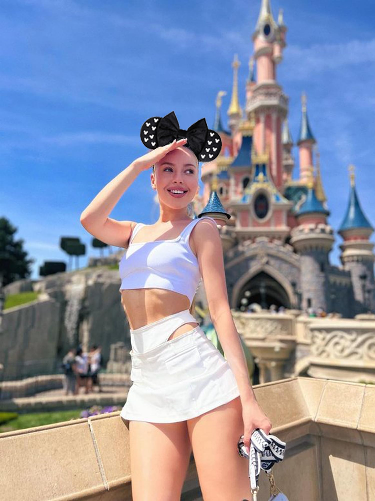 Black Kangaroo Mouse Ears Headband with Pearl Bows - Cute Disney Inspired Hair Accessories for Women & Toddler Girls - Perfect for Birthday Parties, Theme Parks, Costumes & Disney Trips