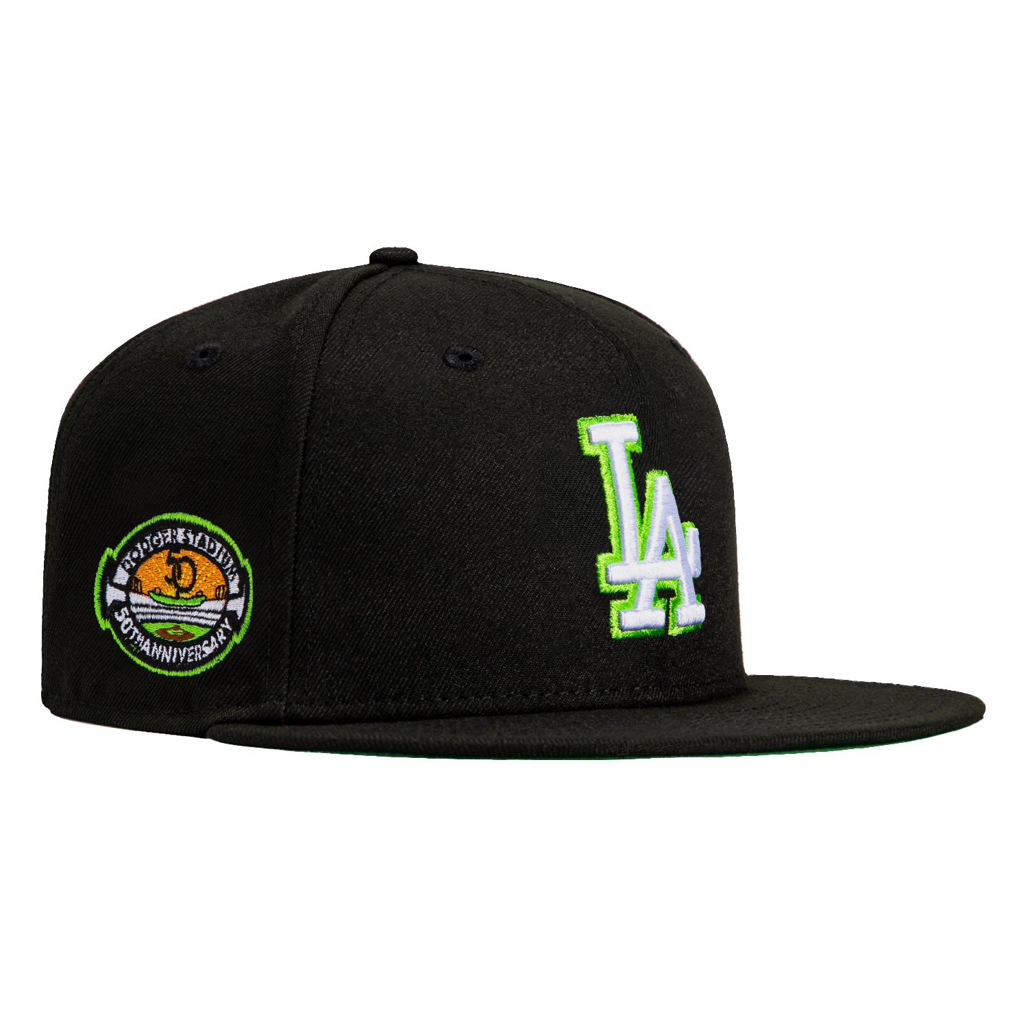 New Era 59Fifty Aux Pack Los Angeles Dodgers 50th Anniversary Stadium Patch Snapback Hat - Black, White & Lime Green - Perfect for Baseball Games, Sports Events & Streetwear Fashion
