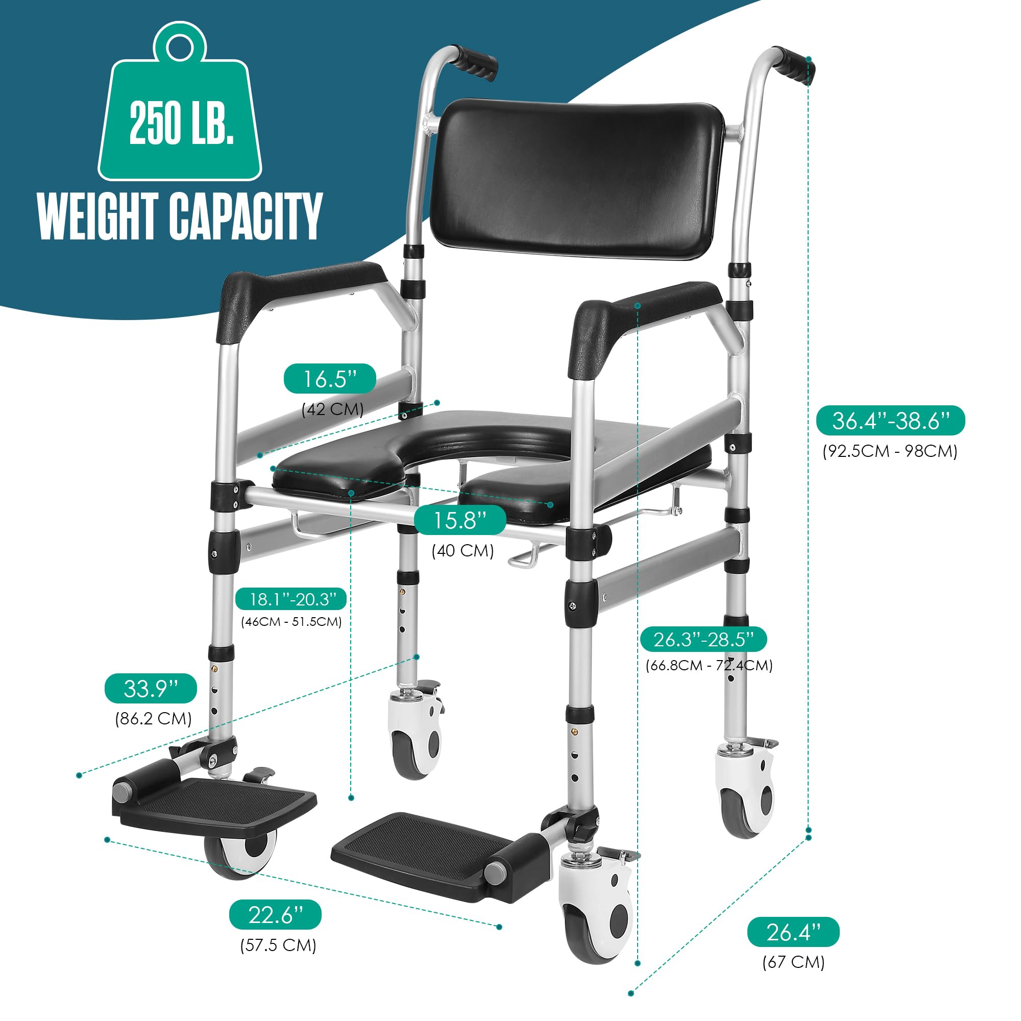 Houseables Adjustable Height Shower Chair with Wheels - Rolling Shower Wheelchair for Elderly & Handicap - Portable Bath Commode Chair for Safe Bathing & Bedside Toilet Use - Ideal for Seniors, Disabled & Post-Surgery Recovery at Home
