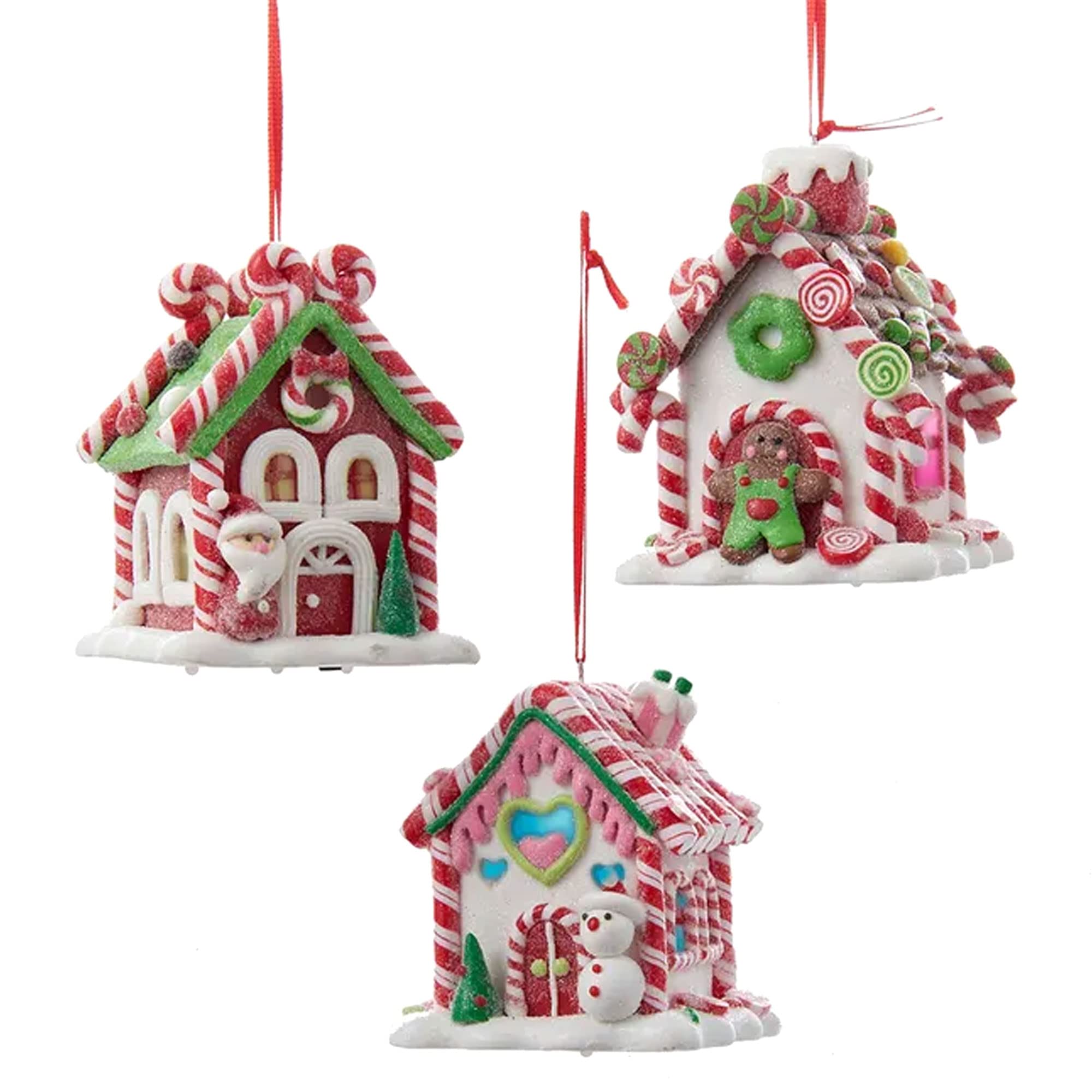 Kurt Adler Battery Operated LED Gingerbread House Christmas Tree Ornaments - 3 Pack Hanging Decor with String for Holiday, Xmas, Winter Home Decor - Perfect for Christmas Tree, Mantel, Window & Gift Giving