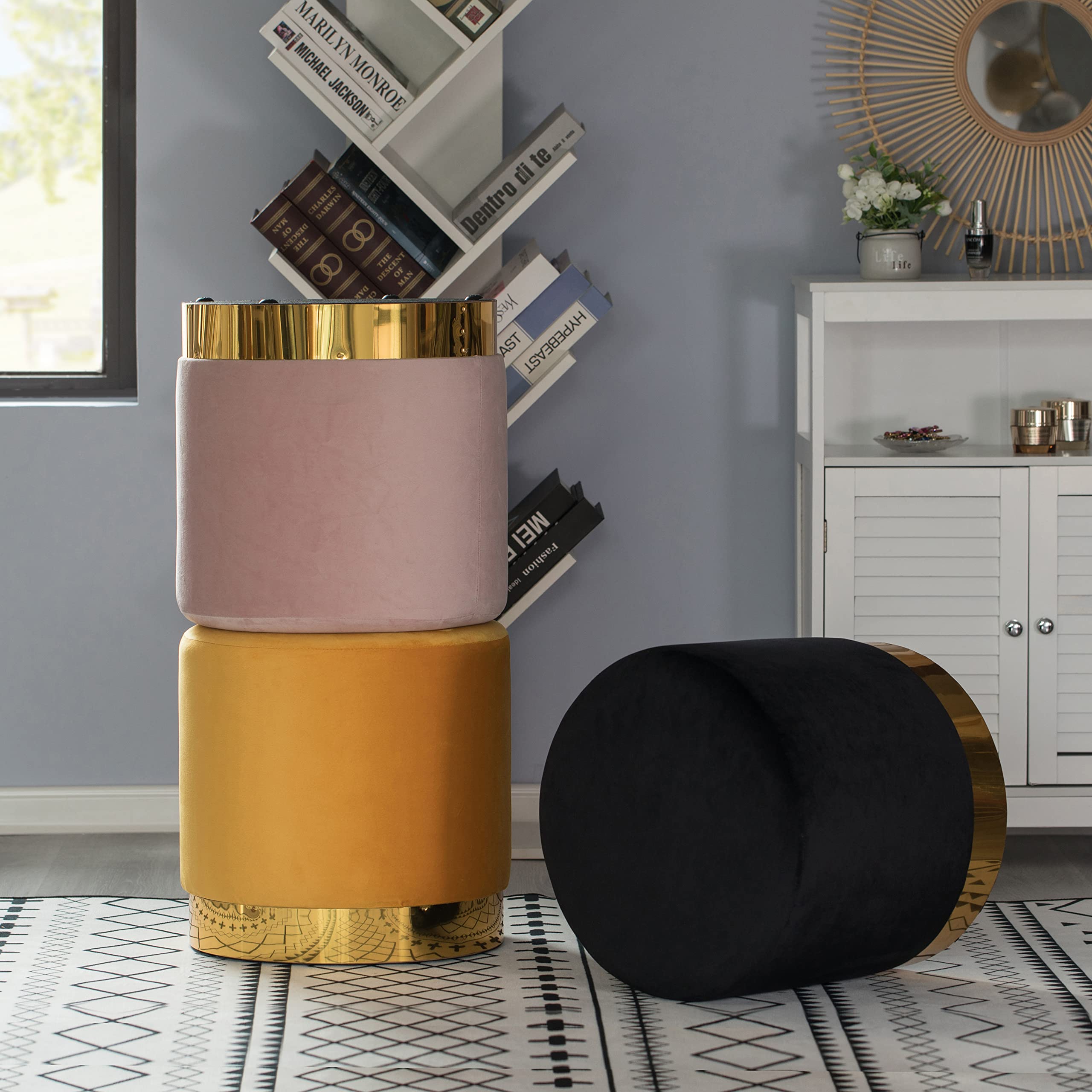 Modern Round Velvet Ottoman Stool with Gold Metal Base - Pink Velvet Footstool, Accent Chair, Bedroom Bench | Perfect for Living Room, Bedroom & Nursery Decor