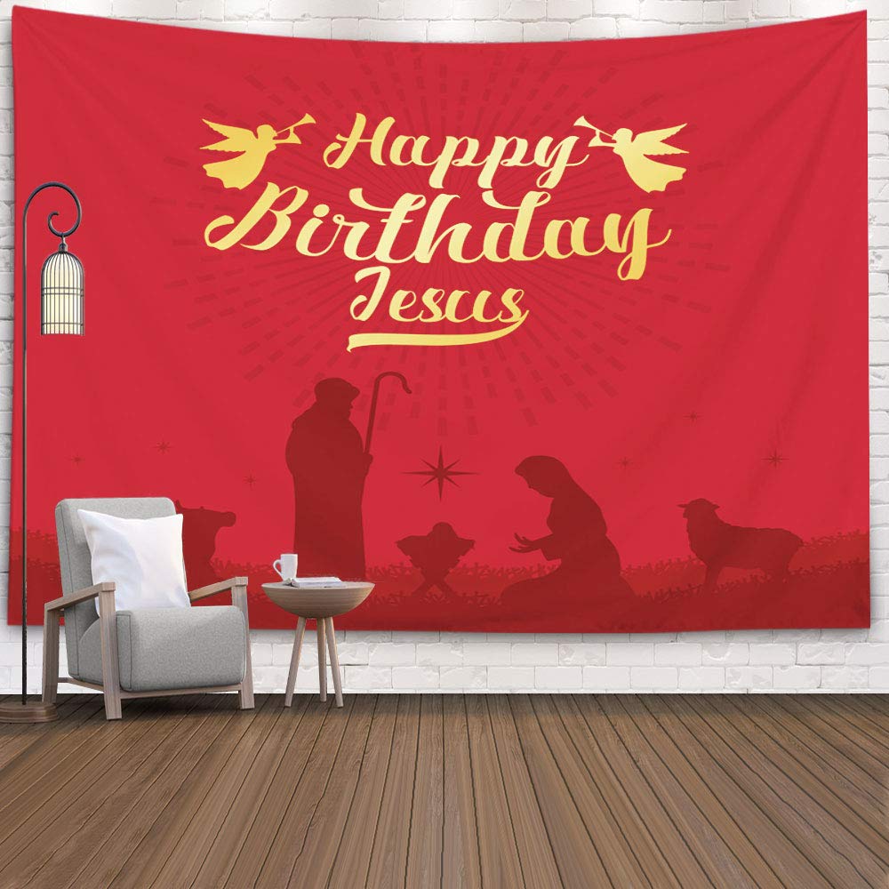 Jesus Wall Decor Tapestry - 92.5x70.9 Inch Religious Wall Hanging with Baby Jesus Scenery & Red Background - Perfect for Church Decor, Christian Home, Christmas Celebration & Birthday Party Decoration