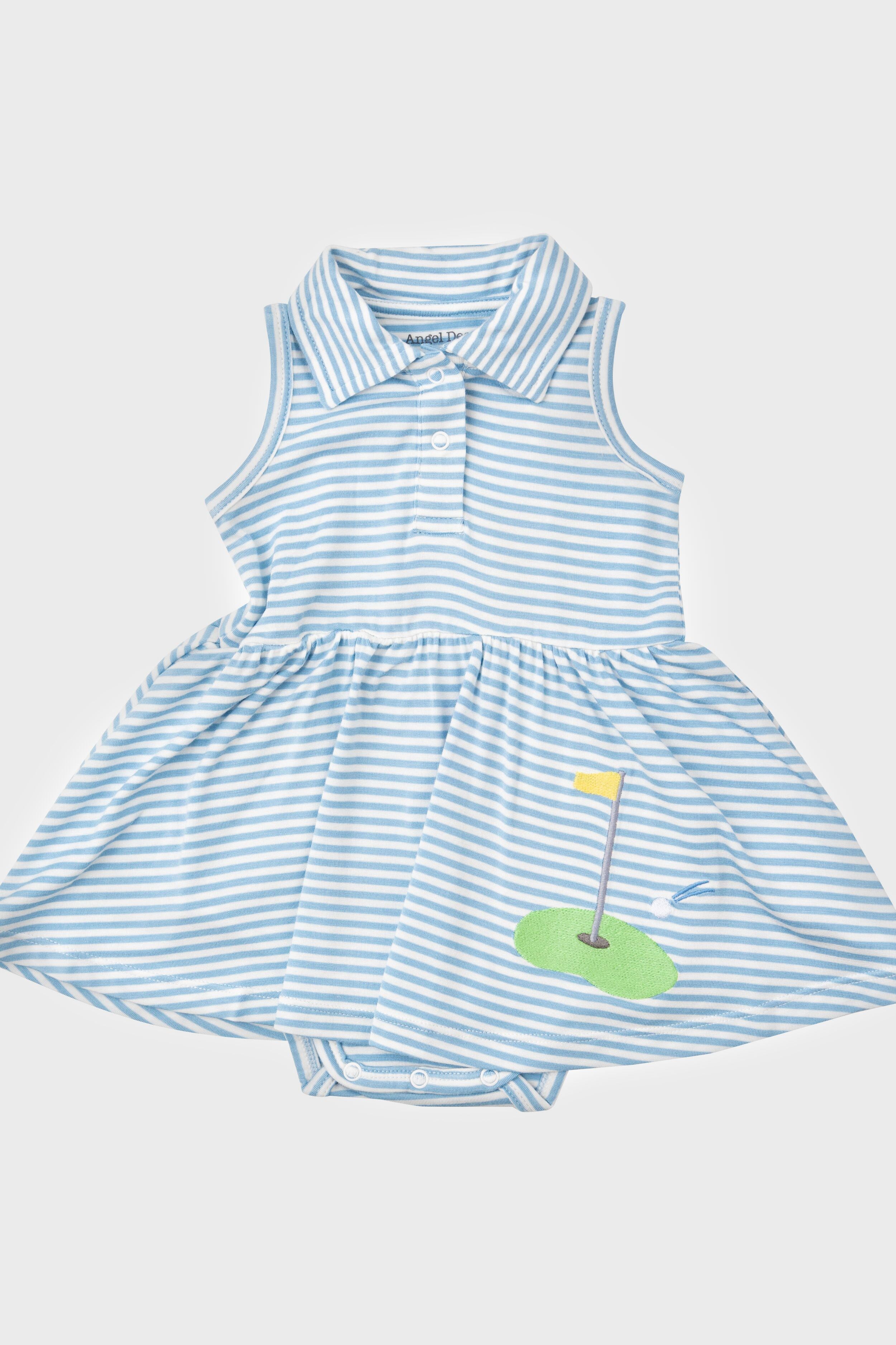 Blue Stripe Golf Tank Bodysuit Dress for Women - Breathable Athletic Tennis Dress with Built-in Bra - Perfect for Golf, Tennis, Yoga & Summer Outfits