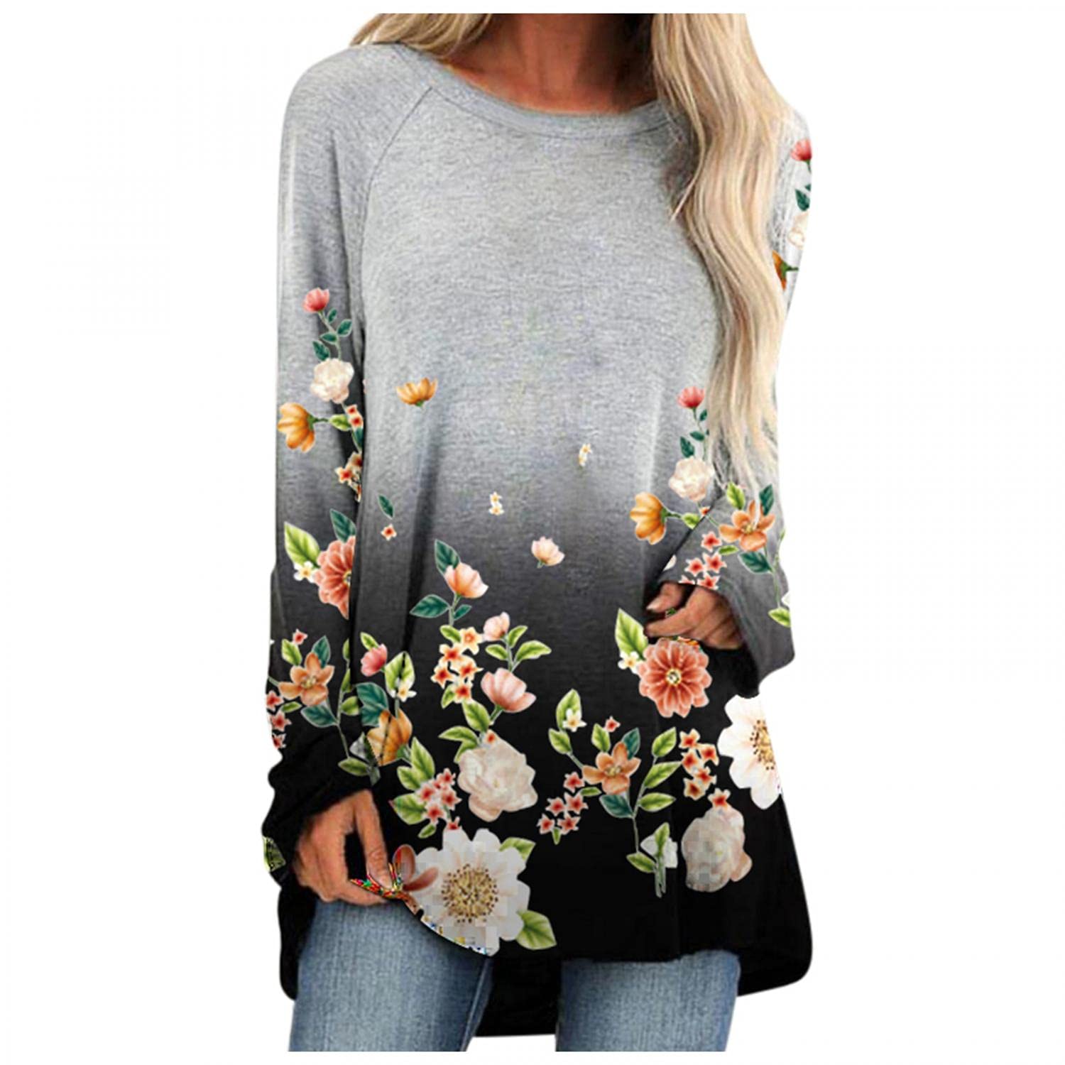Women's Floral Print Sweatshirt - Soft Loose Crewneck Long Sleeve Tunic Top for Casual Wear | Fall Fashion, Lounge, Outfits with Jeans, Weekend Outings