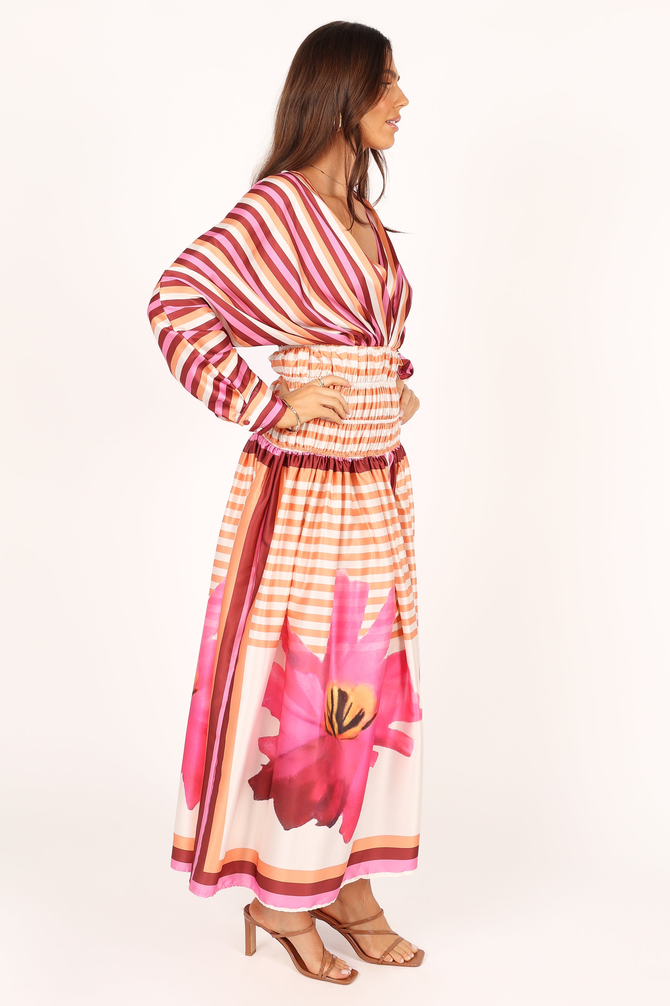 Emilia Women's Long Sleeve Maxi Dress - Pink Striped Floral Print Boho Chic Flowy Dress for Casual, Beach, Wedding & Special Occasions