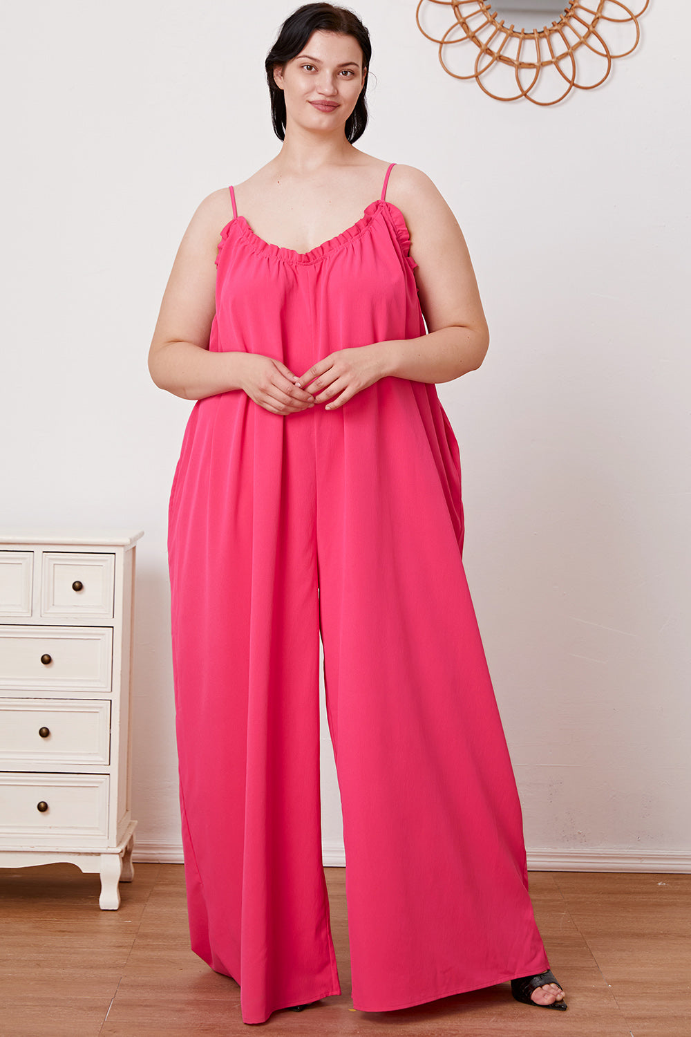 Plus Size Ruffle Trim Tie Back Cami Jumpsuit with Pockets - Women's Casual Summer Romper for Beach, Vacation & Date Night Outfits