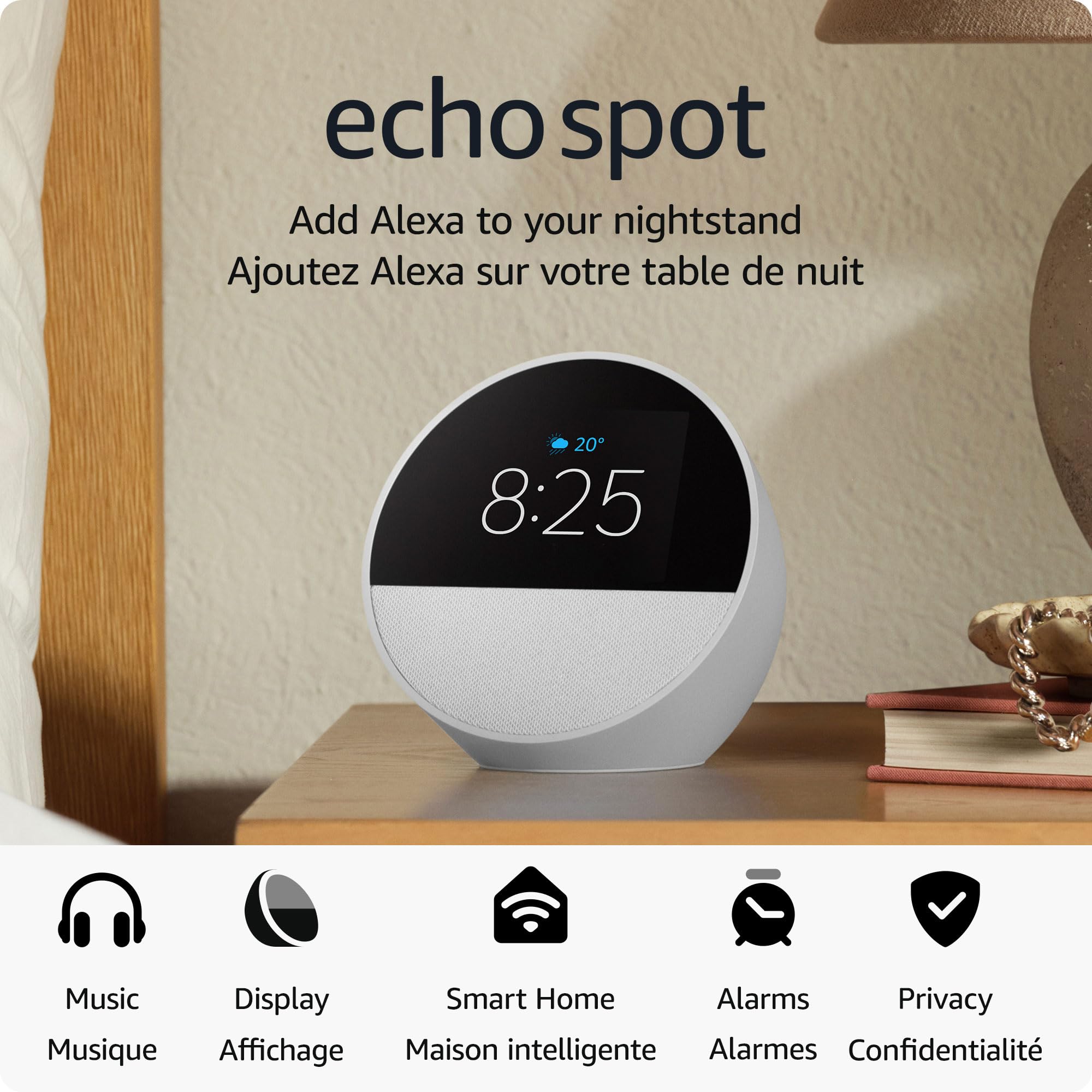 Amazon Echo Spot (Latest Model) - Smart Alarm Clock with Alexa, Glacier White | Perfect for Nightstands, Offices & Kitchens | Voice Control, Weather Updates, Music Streaming & More
