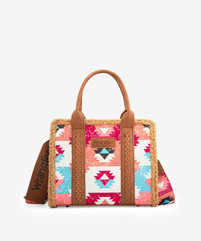 Wrangler Aztec Sherpa Trim Crossbody Purse Set for Women - Stylish Boho Shoulder Bag with Fringe Detail - Perfect for Casual Outings, Music Festivals & Travel Accessories