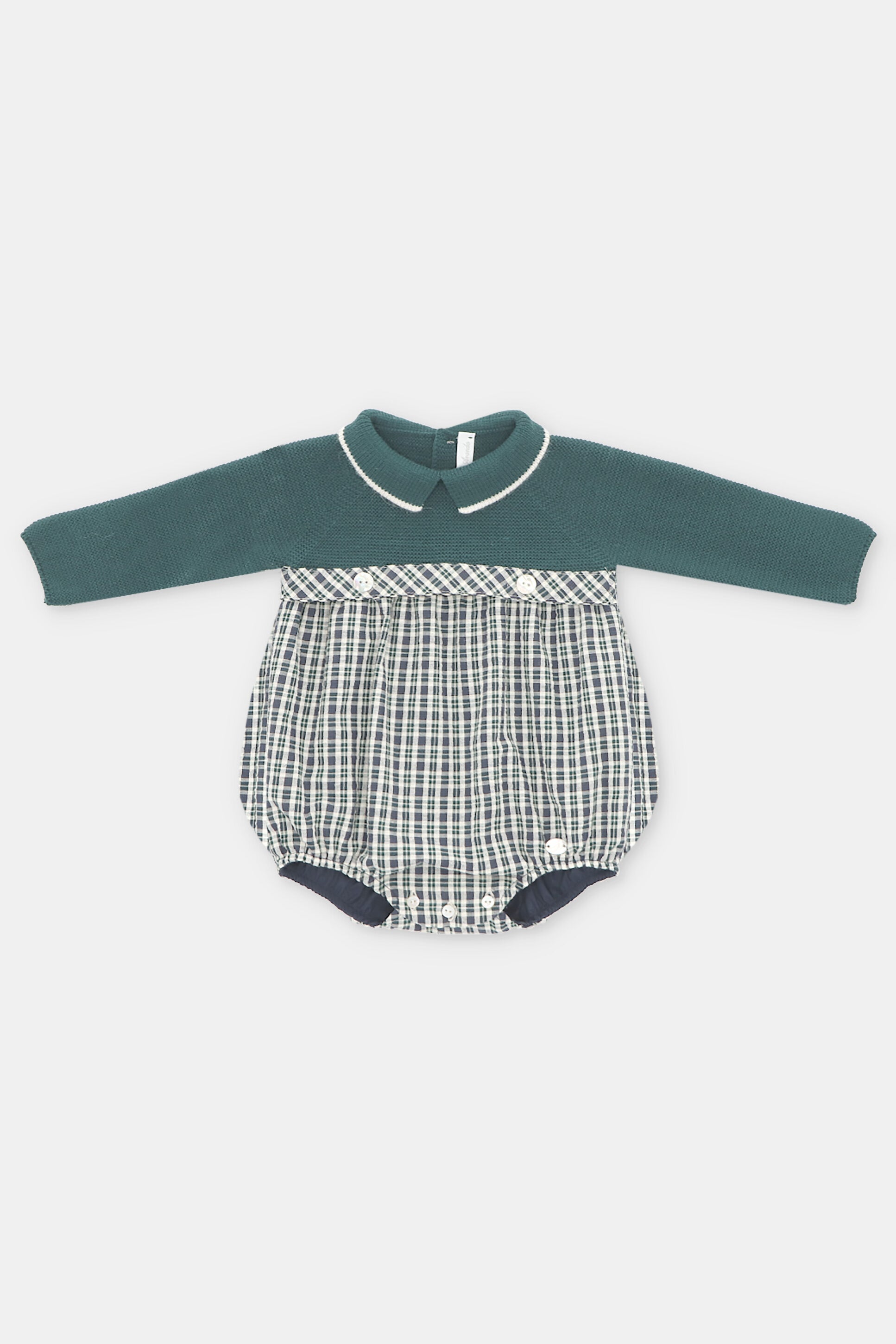 Ben Bottle Green Half Knit Tartan Romper - Stylish Baby Jumpsuit for Boys & Girls | Perfect for Family Photos, Holidays & Casual Outings
