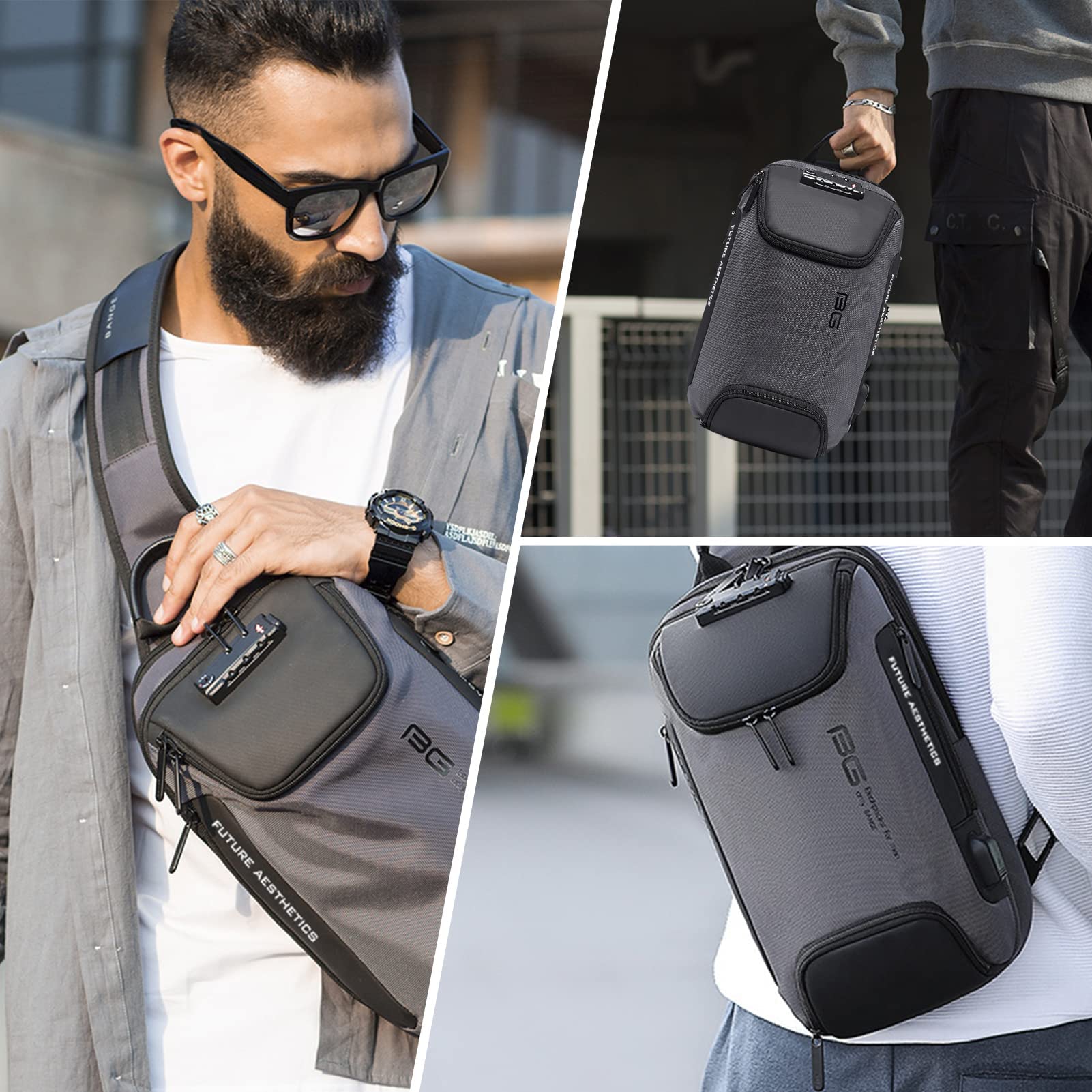 iubest Anti Theft Sling Bag for Men - USB Charging Port & TSA Lock Waterproof Crossbody Backpack - Lightweight Casual Daypack for Travel, Work, Gym & Outdoor Activities (Grey)
