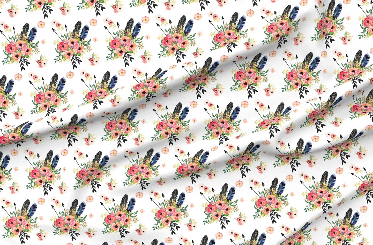 Boho Floral Arrow Printed Upholstery Velvet Fabric by The Yard - White, Pink, Green Nursery & Girls Room Decor - Perfect for DIY Home Decor, Curtains, Pillows & Apparel