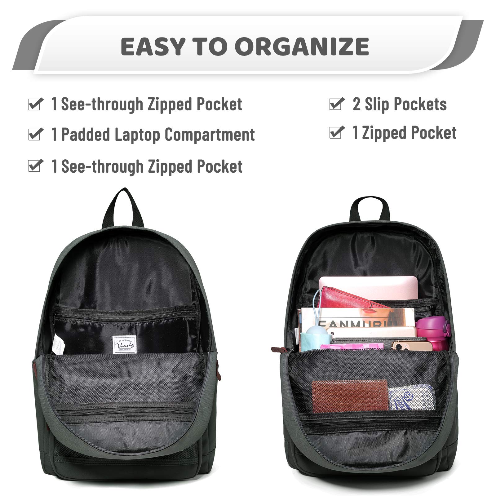 VASCHY Waterproof Lightweight School Backpack for Men & Women - 15.6 Inch Laptop Backpack with Padded Sleeve, Dark Gray - Perfect for College, Work, Travel & Daily Commute