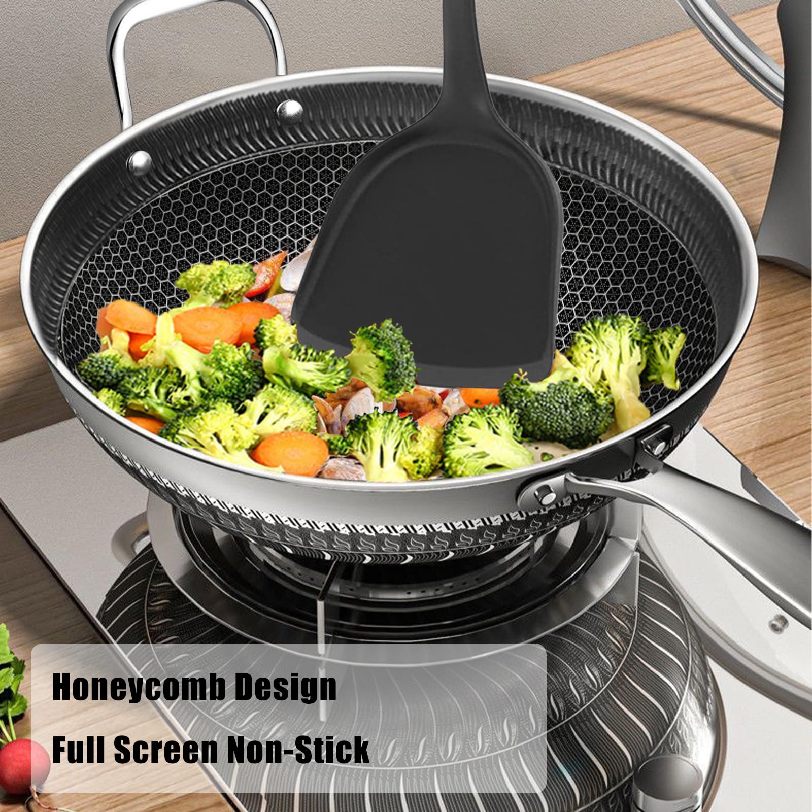 32cm Non-Stick Wok Pan with Lid - Stainless Steel Induction Cookware, Ceramic Coating, Cool-Touch Handle & Spatula - Perfect for Stir-Frying, Sautéing & Deep Frying on Electric, Gas & Induction Stovetops