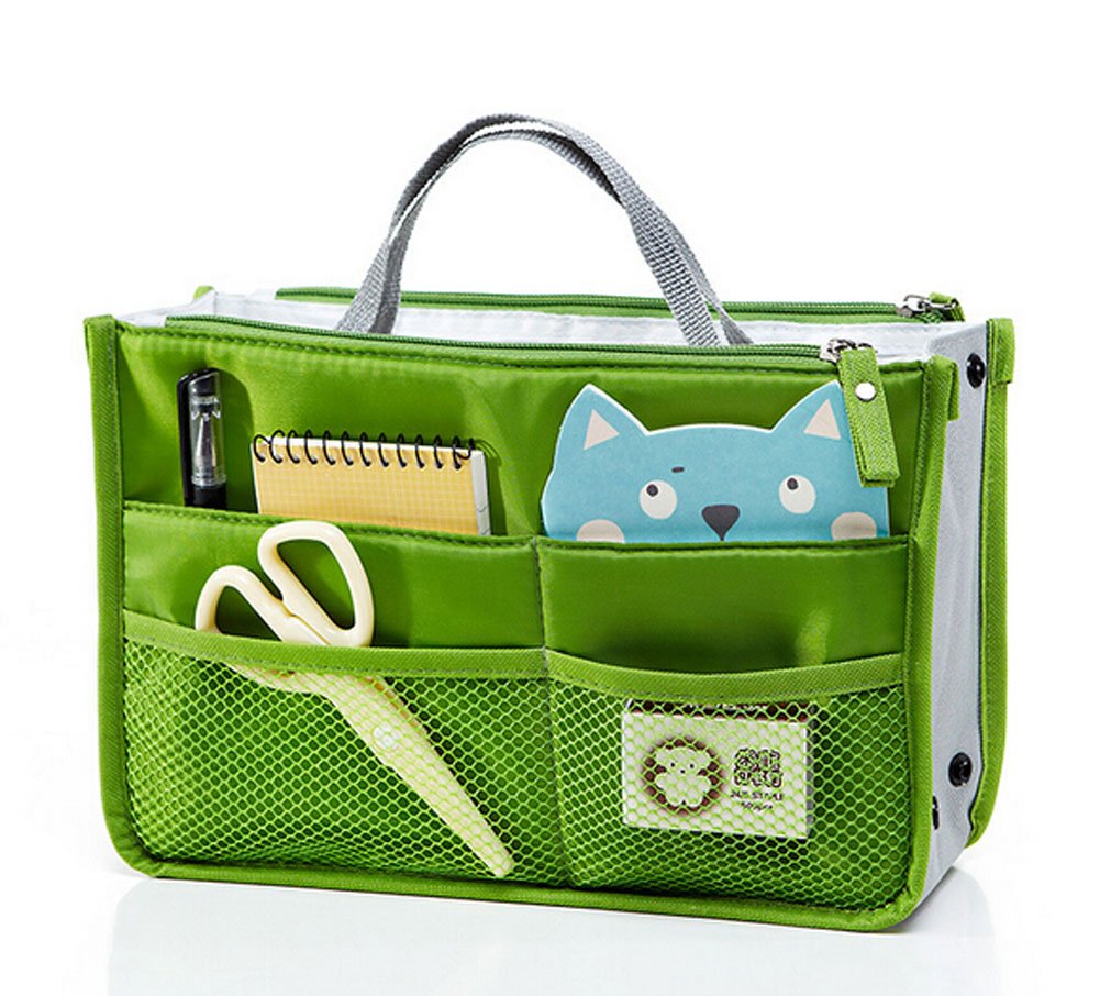 Ecokaki(TM) Multi-Pocket Nylon Purse Organizer - Cosmetic Gadget Bag Insert for Handbags (Green) | Perfect for Travel, Work & Daily Organization