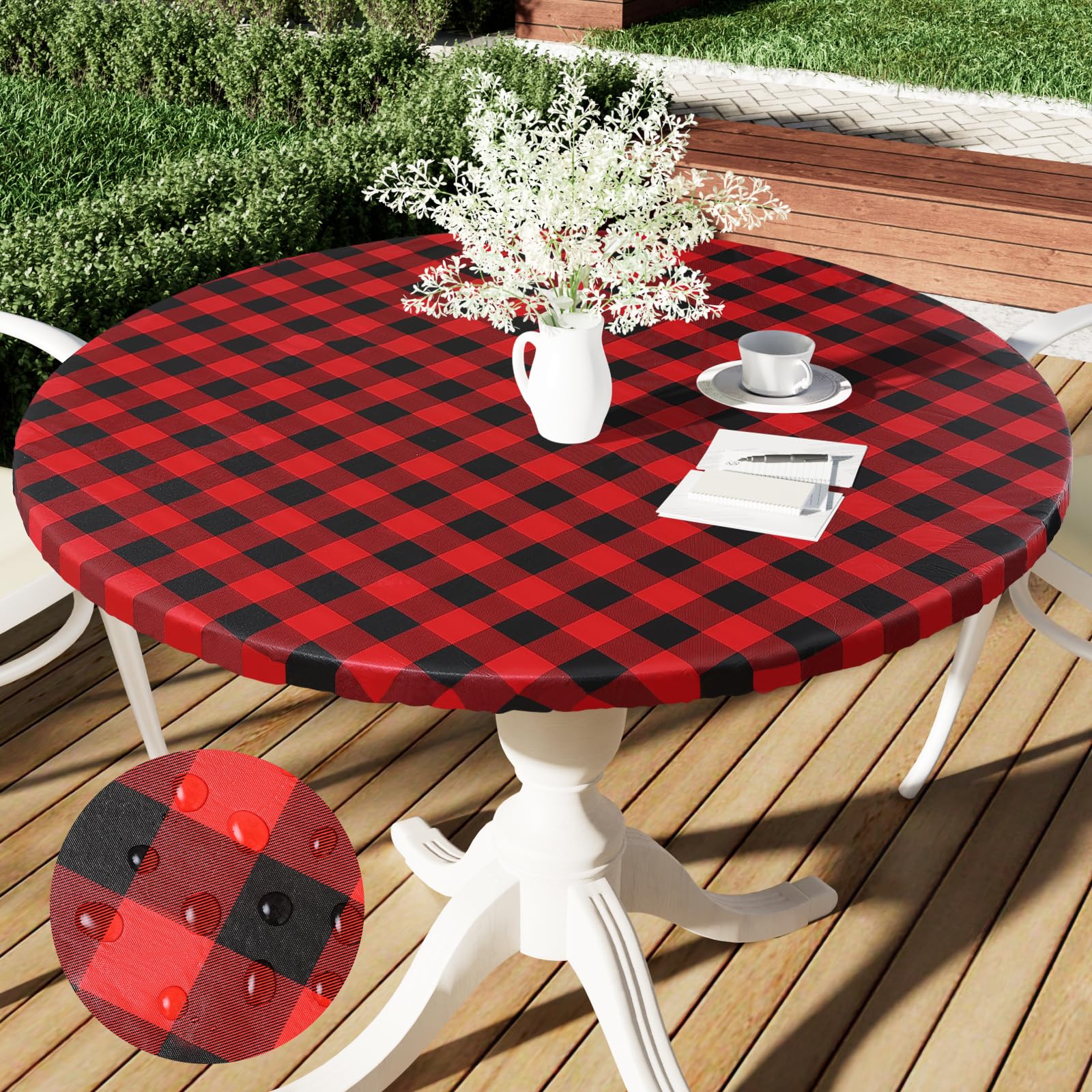 Smiry Round Elastic Waterproof Fitted Vinyl Tablecloth - 45 to 56 Inch Flannel Backed Buffalo Plaid Table Cover for Dining, Picnic, Camping (Black & Red) | Perfect for Outdoor Parties, BBQs, and Family Gatherings