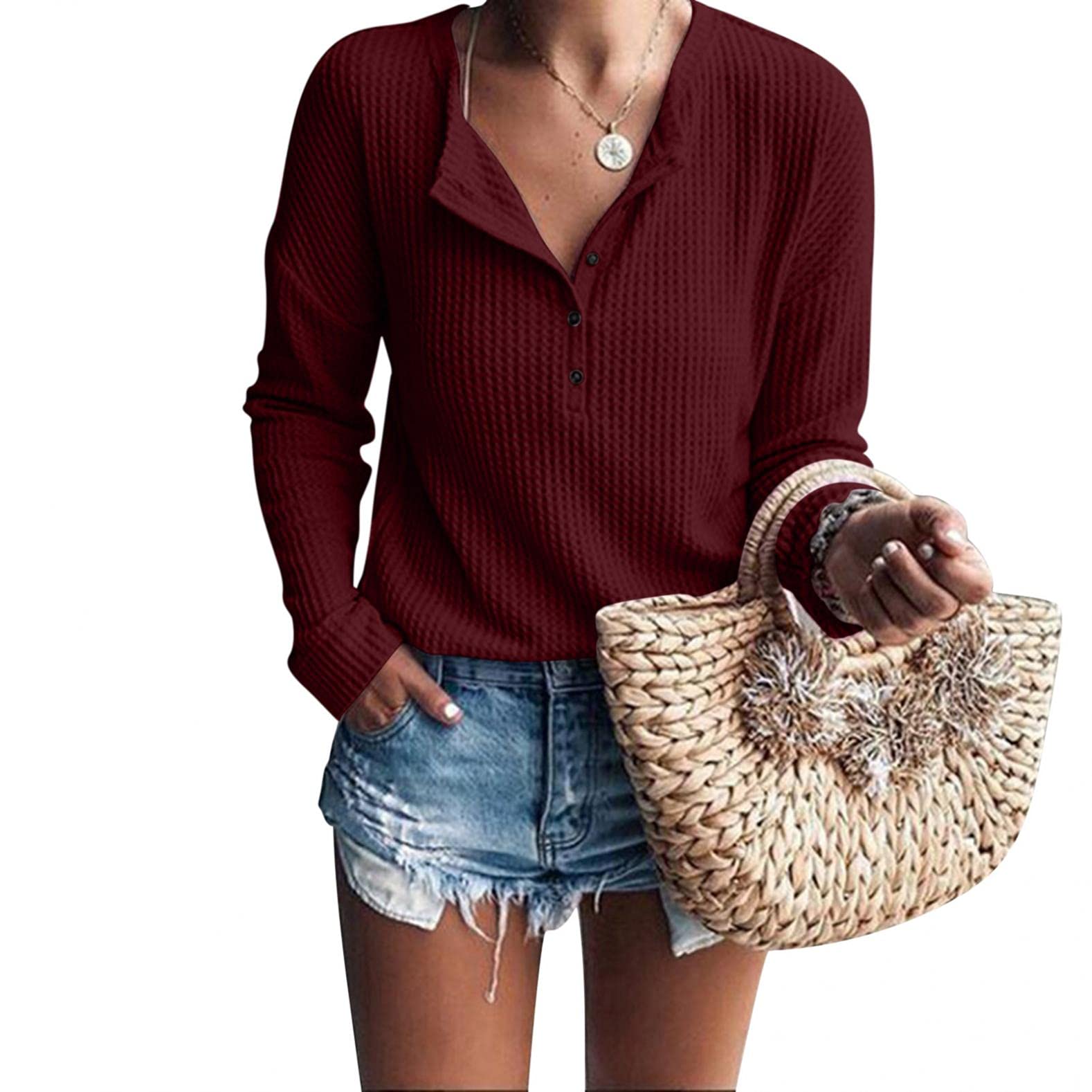 Color Block Waffle Knit Henley Shirts for Men - Long Sleeve V-Neck Casual Slim Fit Thermal Button Up Tunics Tops - Perfect for Fall Layering, Outdoor Activities & Everyday Wear
