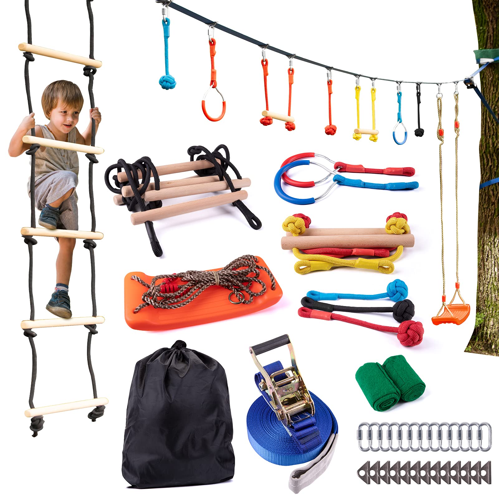 Ninja Slackline 50ft for Kids with Monkey Bar & Ladder Kit - 9 Hanging Accessories Obstacle Course for Backyard | Warrior Climbing Training Gymnastics Set for Ages 5+ | Perfect for Outdoor Play, Backyard Ninja Courses & Kids Fitness Training