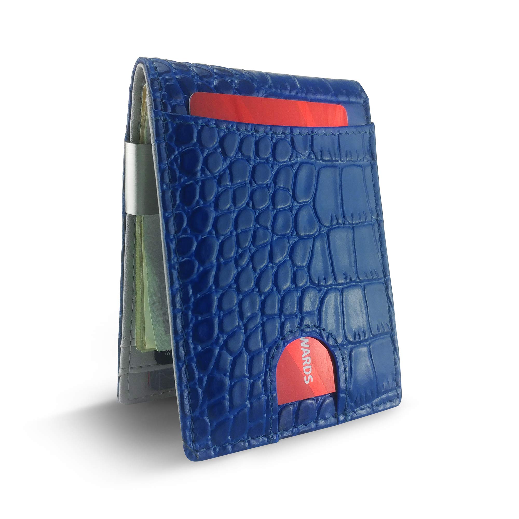 Canberra Series Exotic Money Clip Wallet - Slim RFID Blocking Bifold Leather Wallet for Men - Luxury Crocodile Alligator Ostrich Python Snakeskin (Blue Crocodile) - Perfect Gift Box for Business Travel & Everyday Use