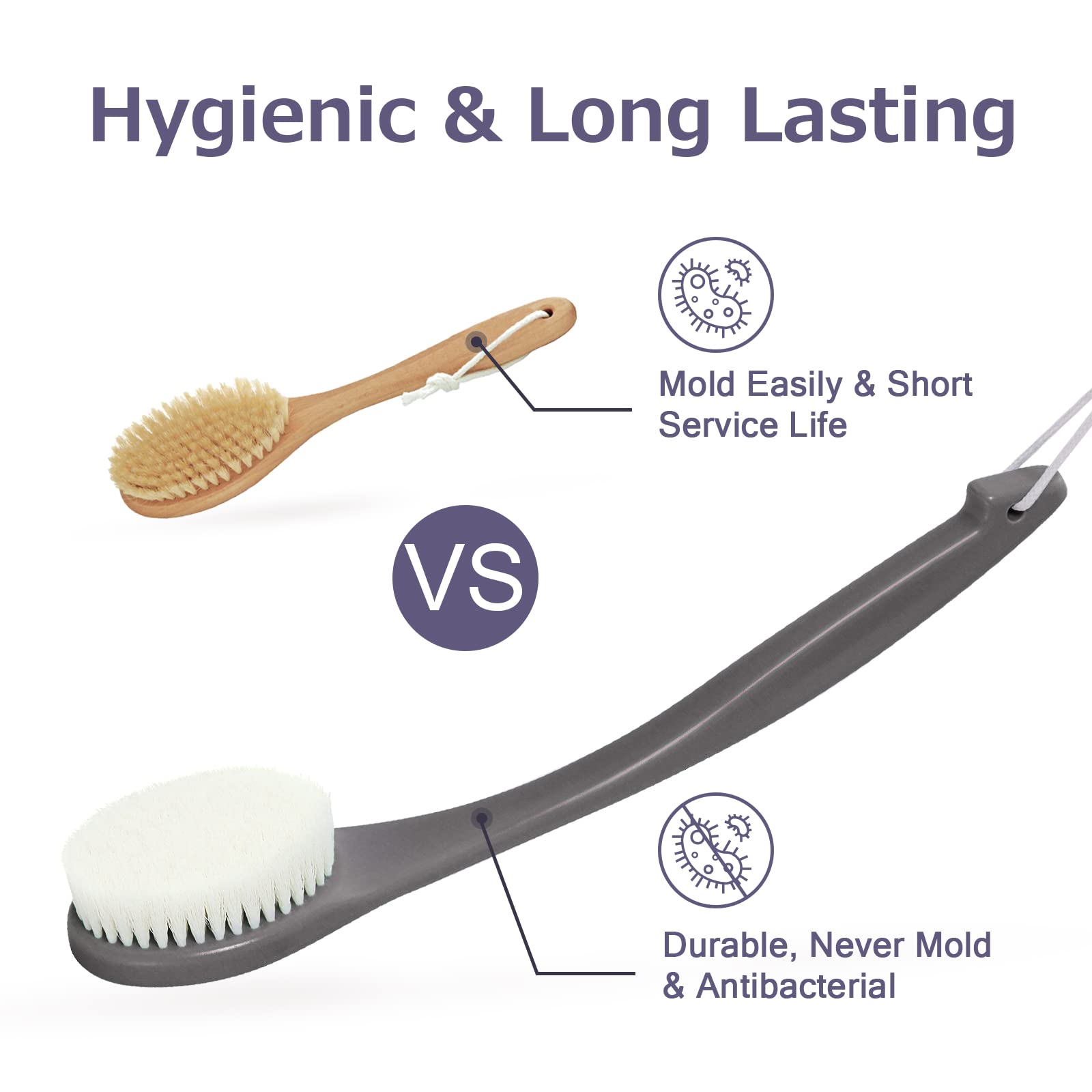 Exfoliating Shower Brush with Long Handle - Bath & Body Brush for Dry & Wet Brushing - Mold-Resistant Back with Moderate Bristles (Grey) - Perfect for Exfoliation, Lymphatic Drainage & Spa-Like Shower Experience
