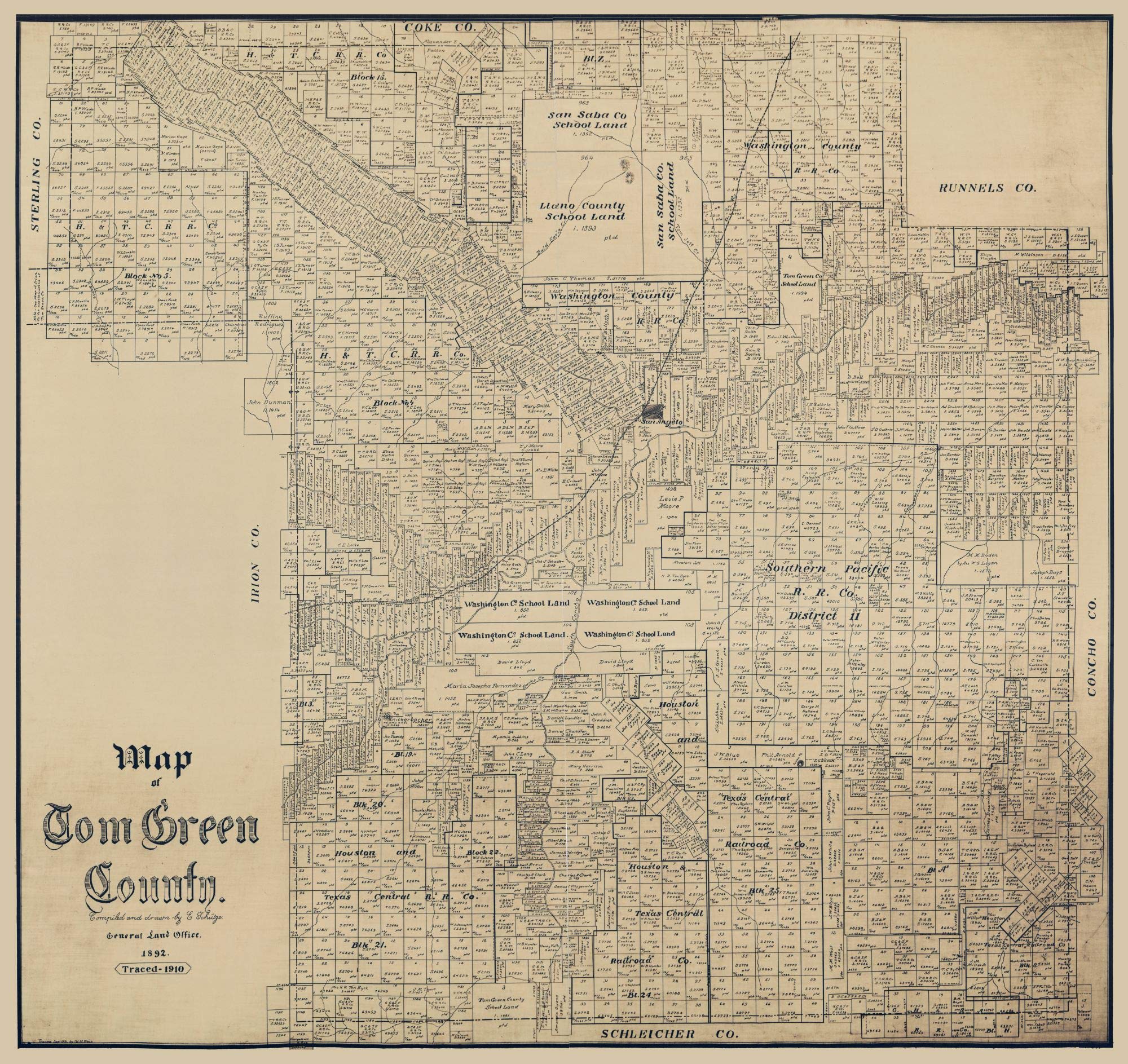 Vintage 1892 Tom Green County Texas Map by Schutze - 23 x 24.38 Inch Matte Art Paper Reproduction - Perfect for History Buffs, Genealogy Research & Western Decor