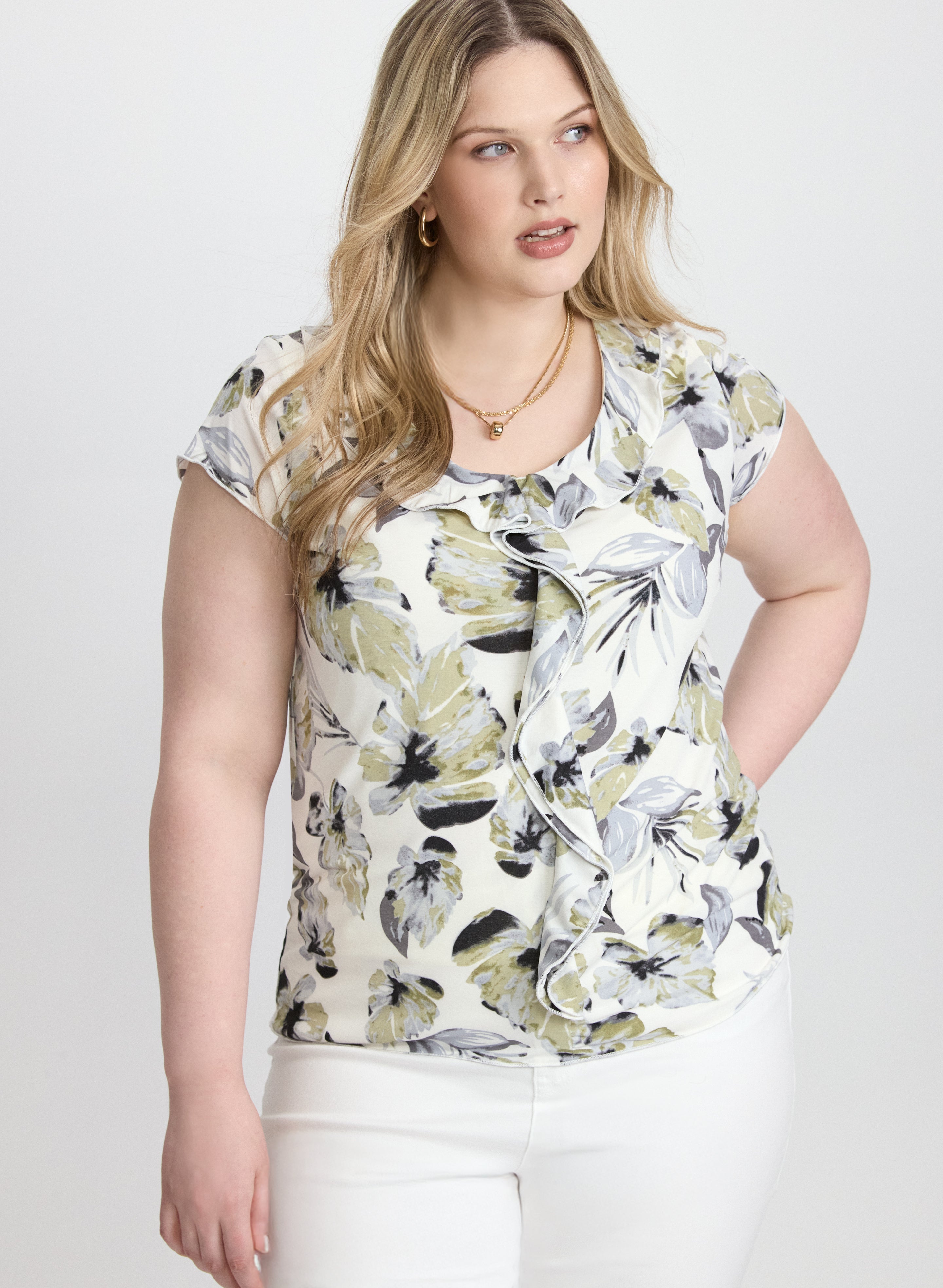 Floral Ruffle Front Blouse for Women - Elegant Floral Print Ruffle Neckline Tops - Perfect for Spring Outfits, Date Nights & Office Wear