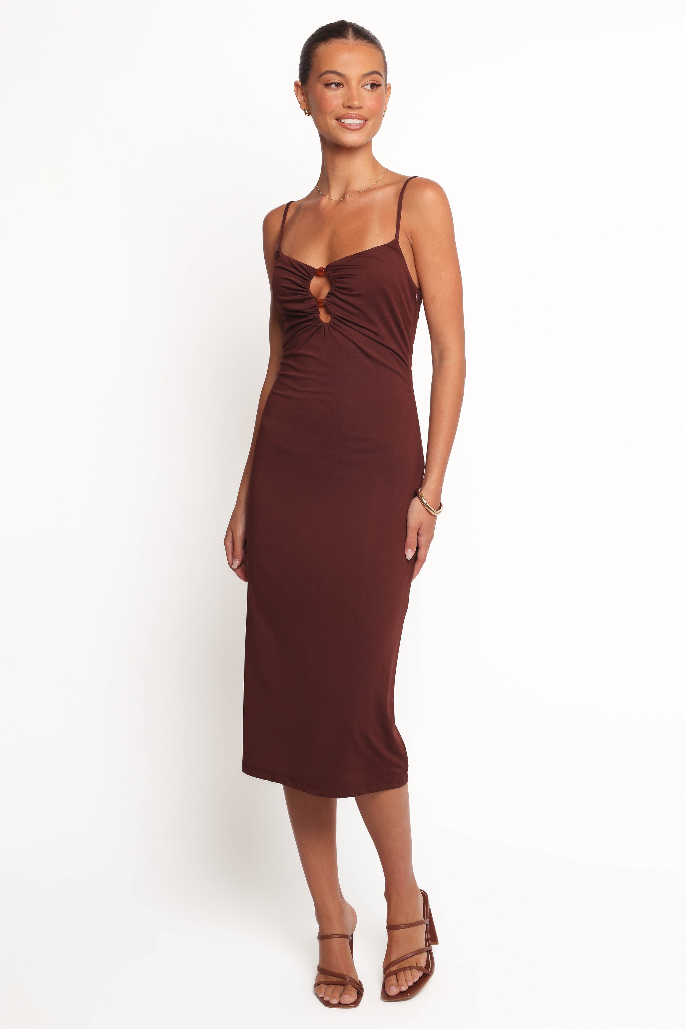 Elegant Ashy Brown Midi Dress for Women - Casual & Formal Occasions | Perfect for Office, Parties & Date Nights