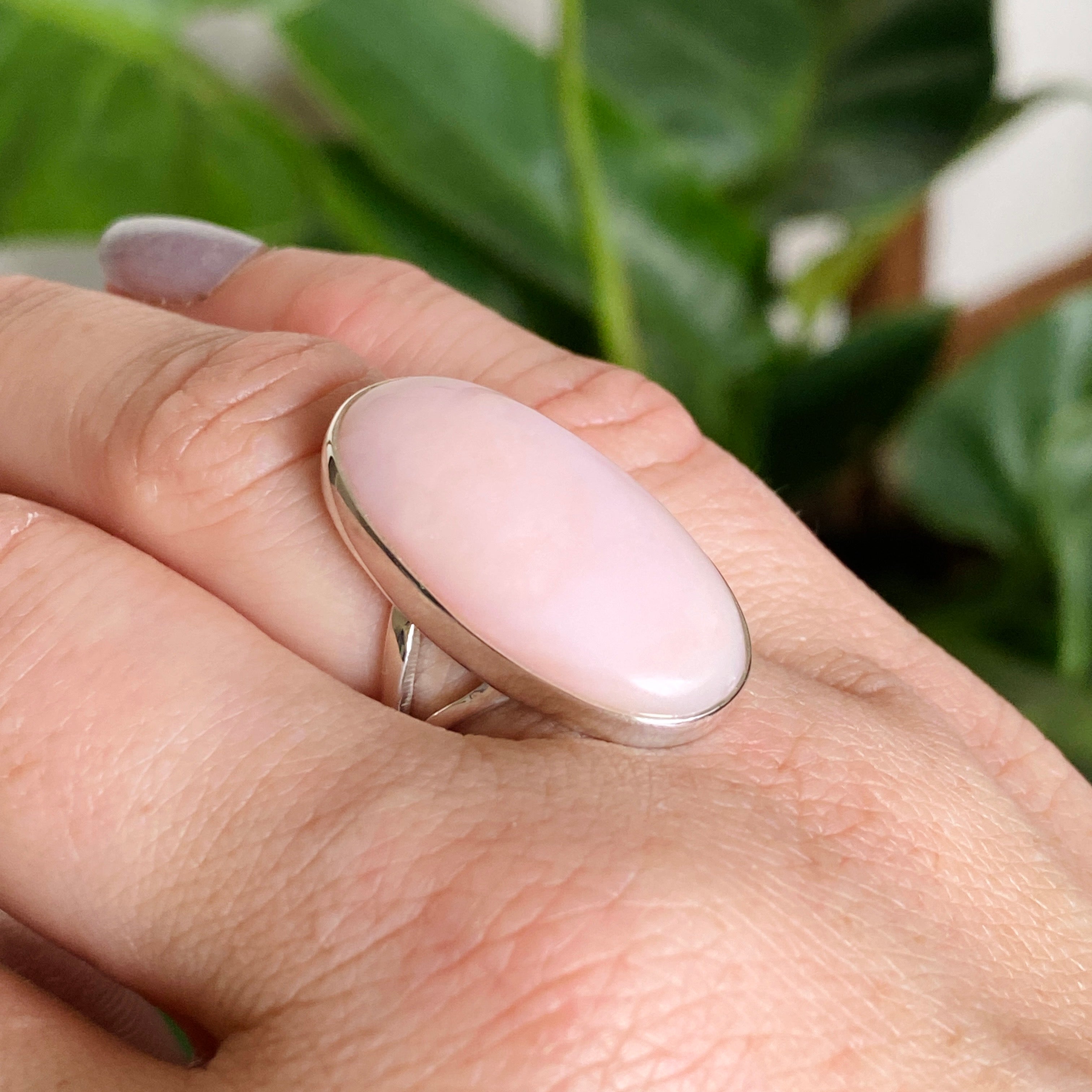 Pink Opal Oval Cabochon Split Band Ring Size 7 KRGJ3307 - Elegant Gemstone Jewelry for Women, Perfect for Weddings, Parties & Everyday Wear