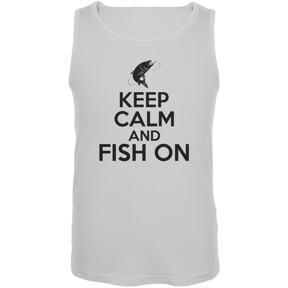 Keep Calm and Fish On White Adult Tank Top - X-Large - Comfortable Casual Wear for Fishing, Beach Outings & Summer Activities